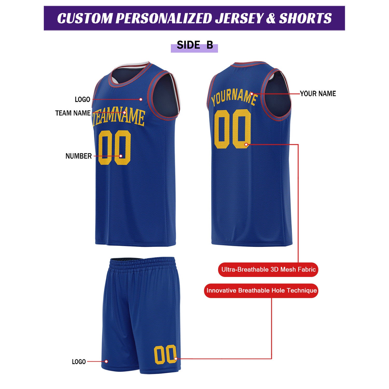 Custom Reversible Navy & Royal Blue Basketball Uniform Set | Personalized for Team Sports Practice - Vosoli