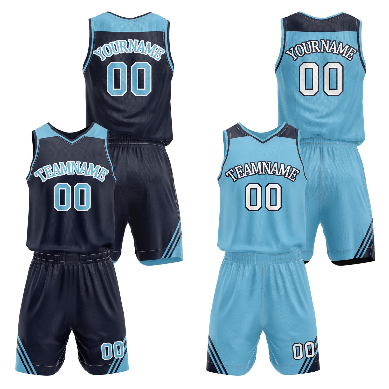 Custom reversible navy & turquoise basketball uniform set, personalized with team name number and logo, breathable mesh fabric for men women youth game practice - Vosoli