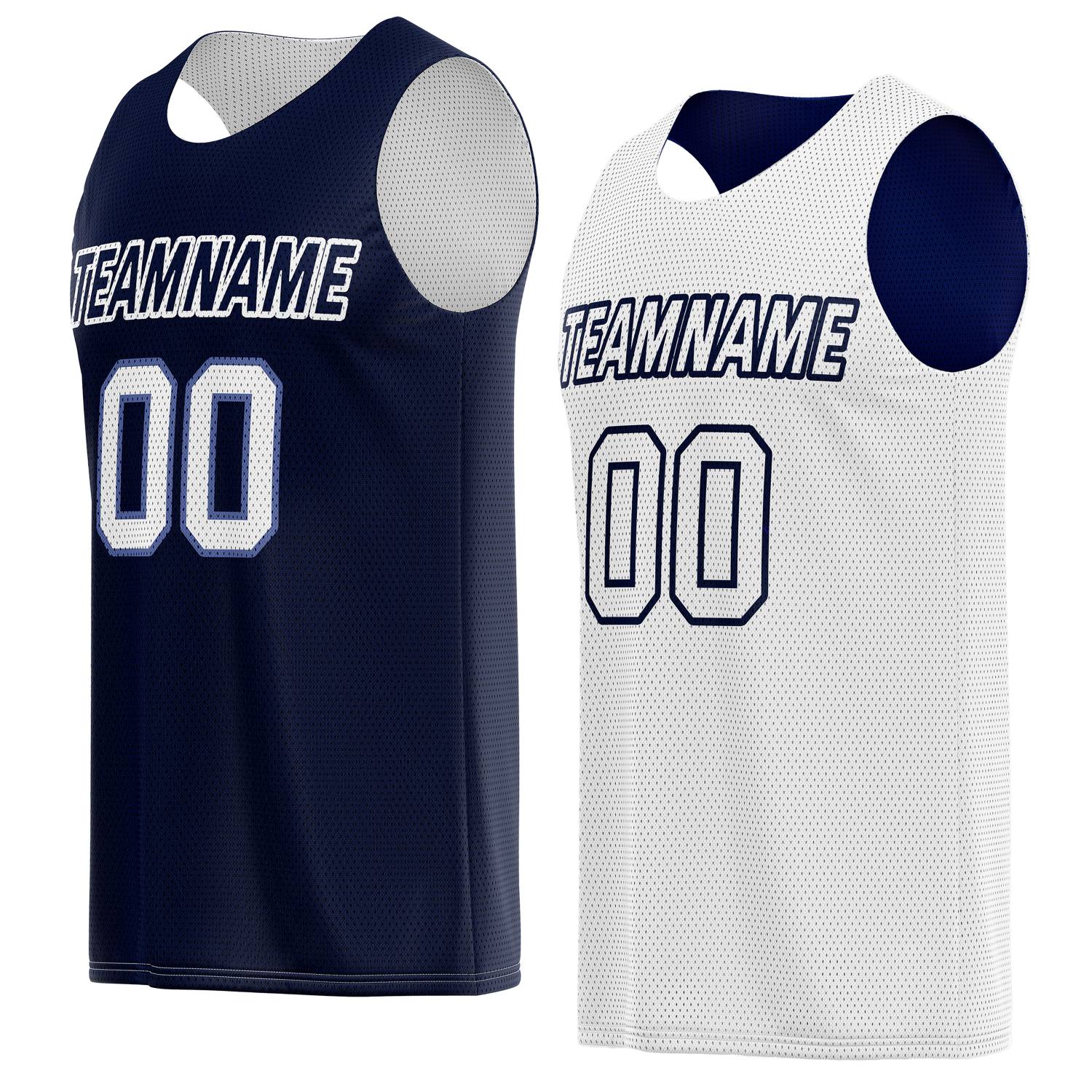 Custom reversible navy & white basketball jersey, personalized team name number logo breathable mesh sports top for men women youth game practice wear - Vosoli