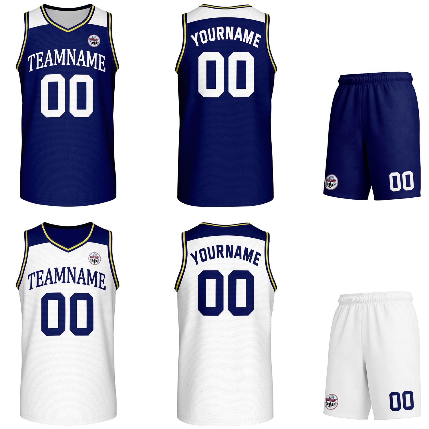 Custom reversible navy & white basketball uniform set, personalized with team name number and logo, breathable mesh fabric for men women youth game practice - Vosoli