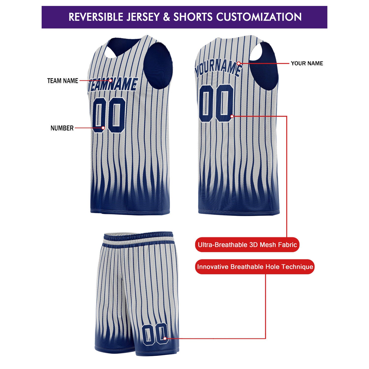 Custom Reversible Basketball Jersey + Shorts Set (Navy Blue & White Stripe) - Personalized Team Name, Number & LOGO | Vosoli
