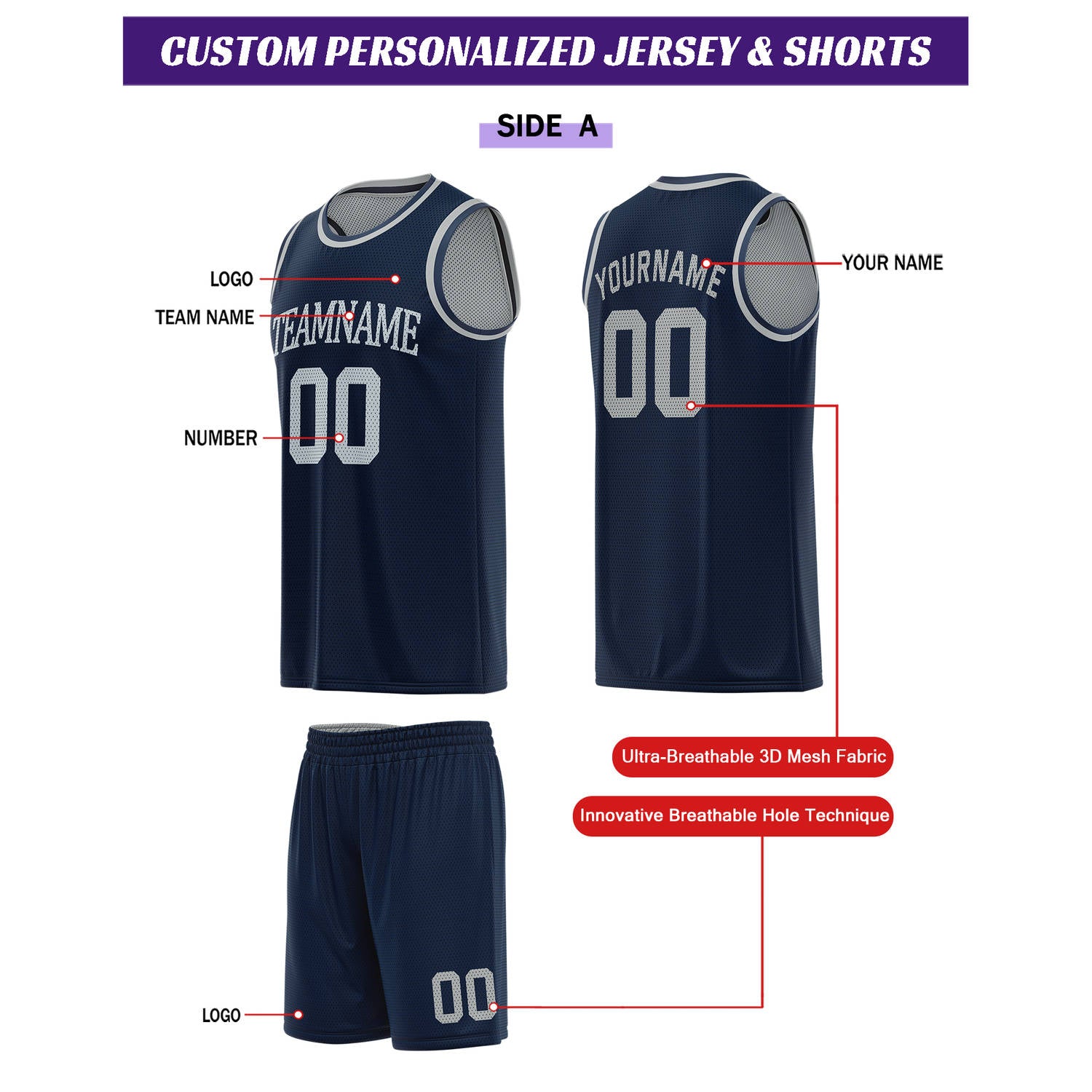 Custom Reversible Navy & Gray Basketball Uniform Set | Personalized for Team Sports Practice - Vosoli