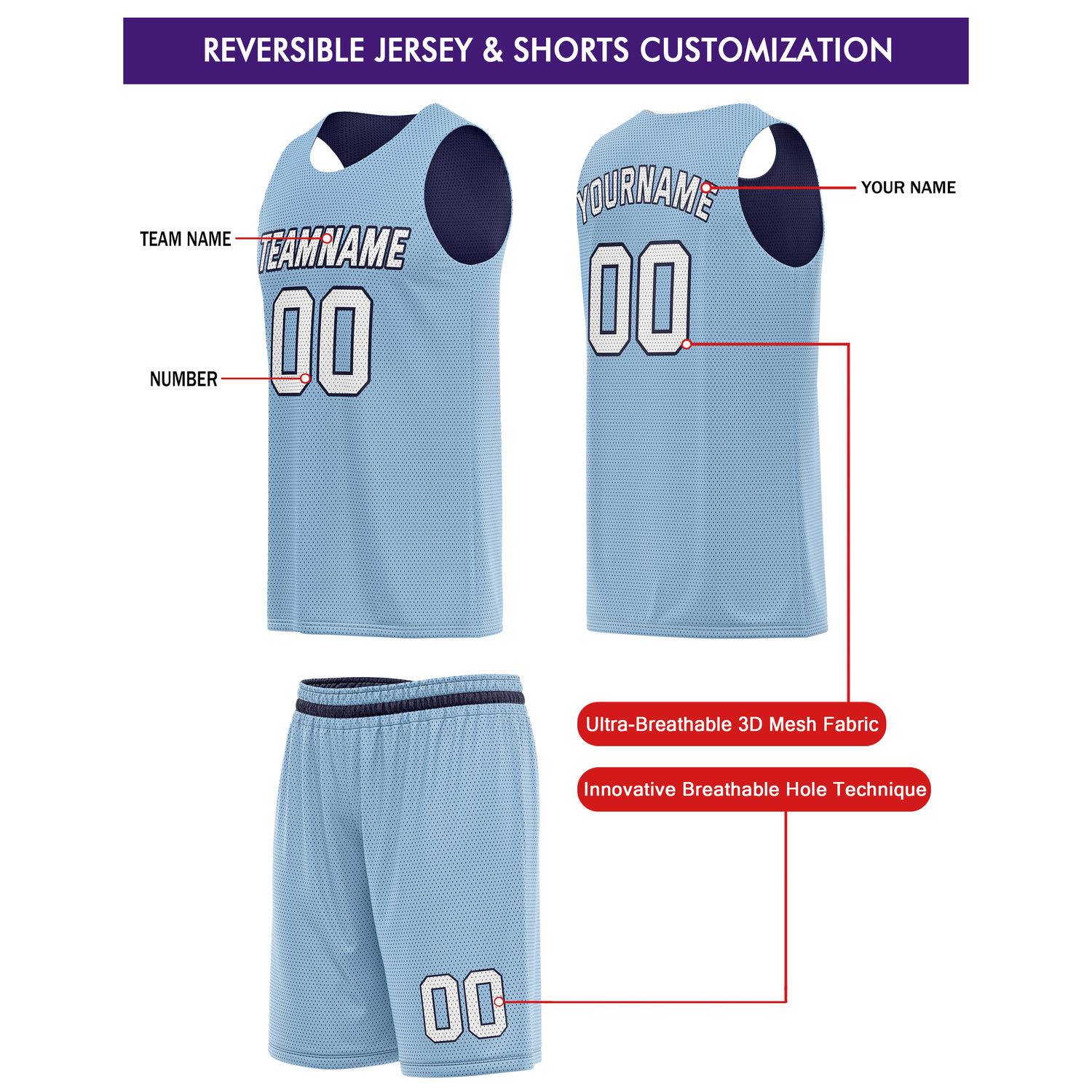 Custom Reversible Navy Light Blue Basketball Jersey & Shorts Set | Personalized Team Kit | Vosoli