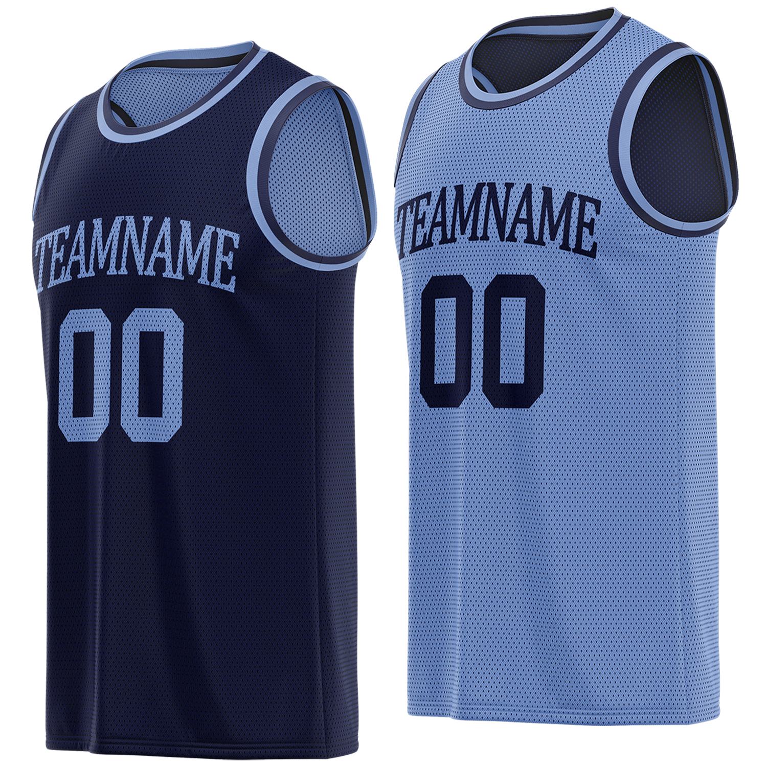 Custom reversible navy & light blue basketball jersey, personalized team name number logo breathable mesh sports top for men women youth game practice - Vosoli