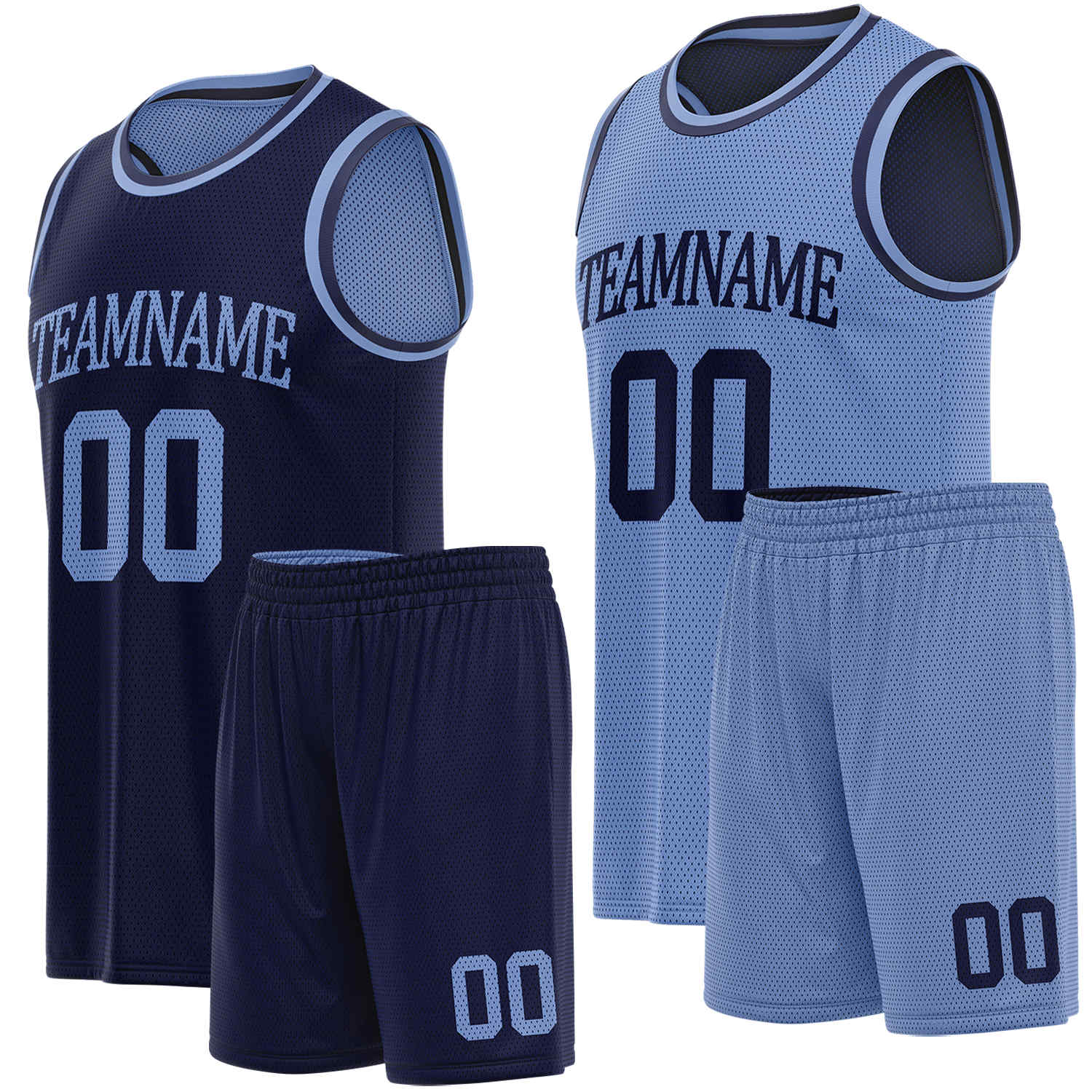 Custom reversible navy blue & light blue basketball uniform set, personalized team name number logo breathable mesh sports jersey and shorts for men women youth game practice - Vosoli