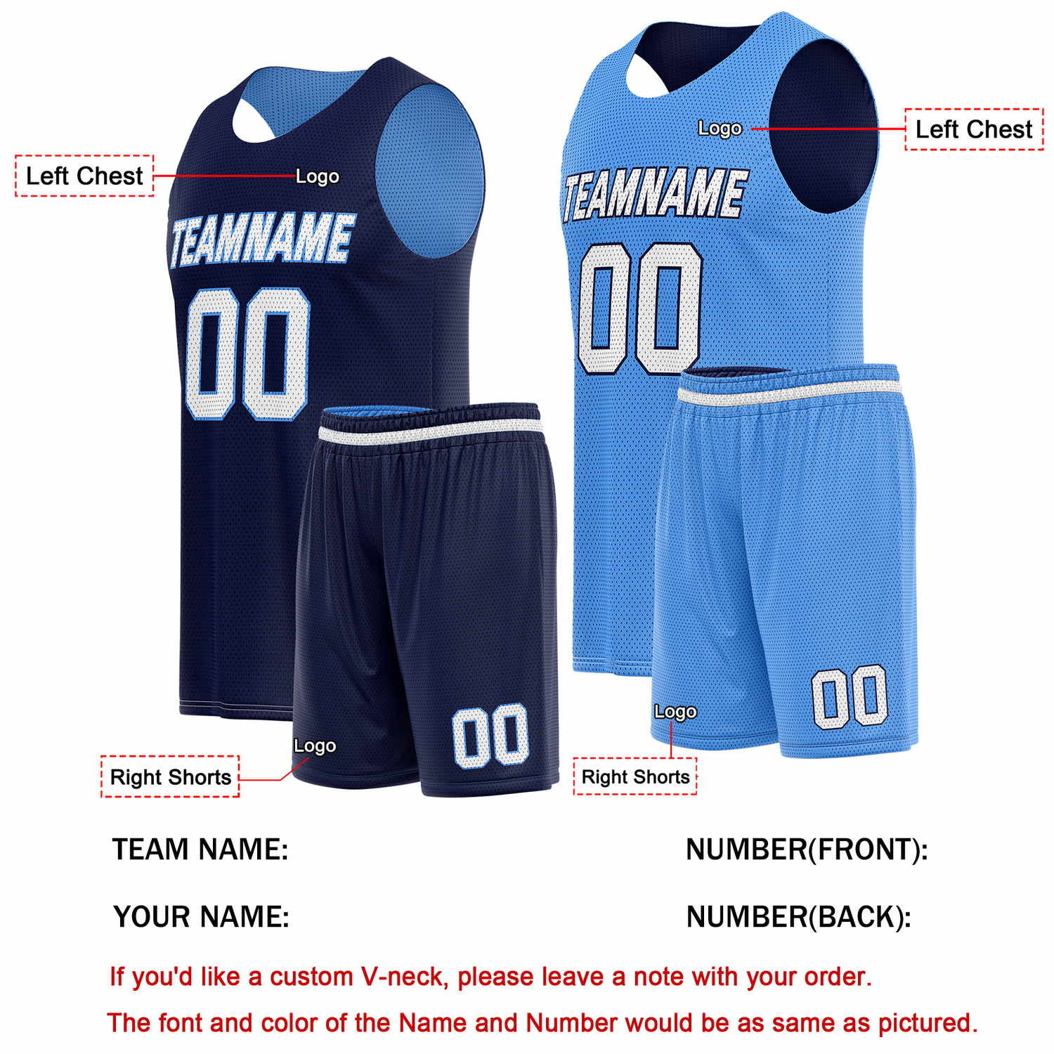 Custom Reversible Navy Light Blue Basketball Uniform Set | Team Name & Number - Vosoli