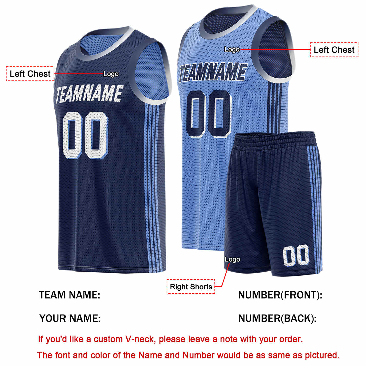 Custom Reversible Navy Light Blue Basketball Uniform Set | Team & Player Name - Vosoli