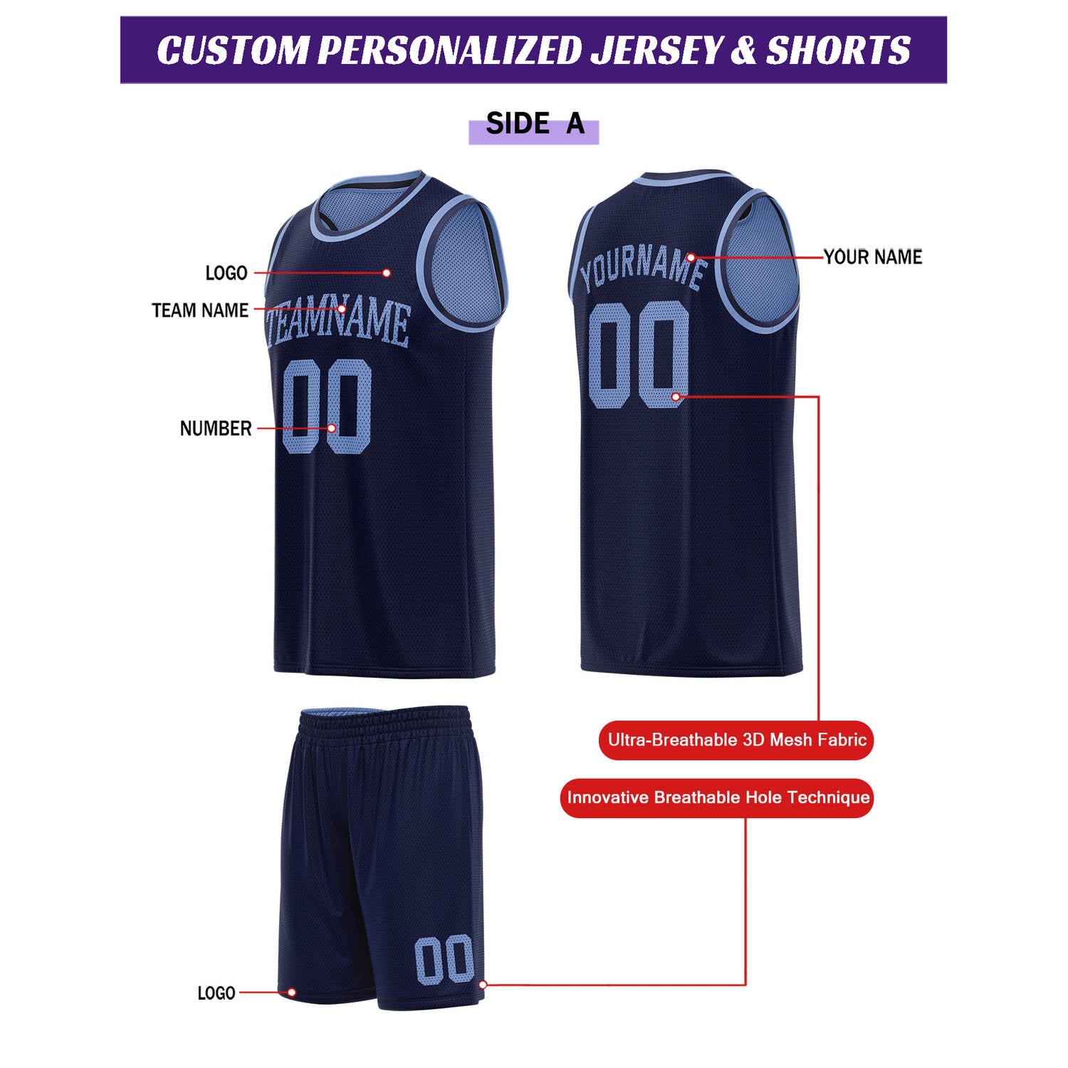 Custom Reversible Navy & Light Blue Basketball Uniform Set | Personalized for Team Sports Practice - Vosoli