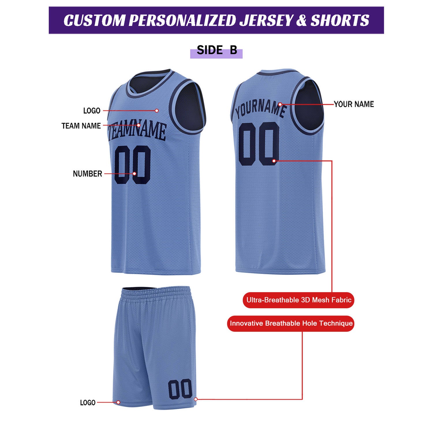 Custom Reversible Navy & Light Blue Basketball Uniform Set | Personalized for Team Sports Practice - Vosoli