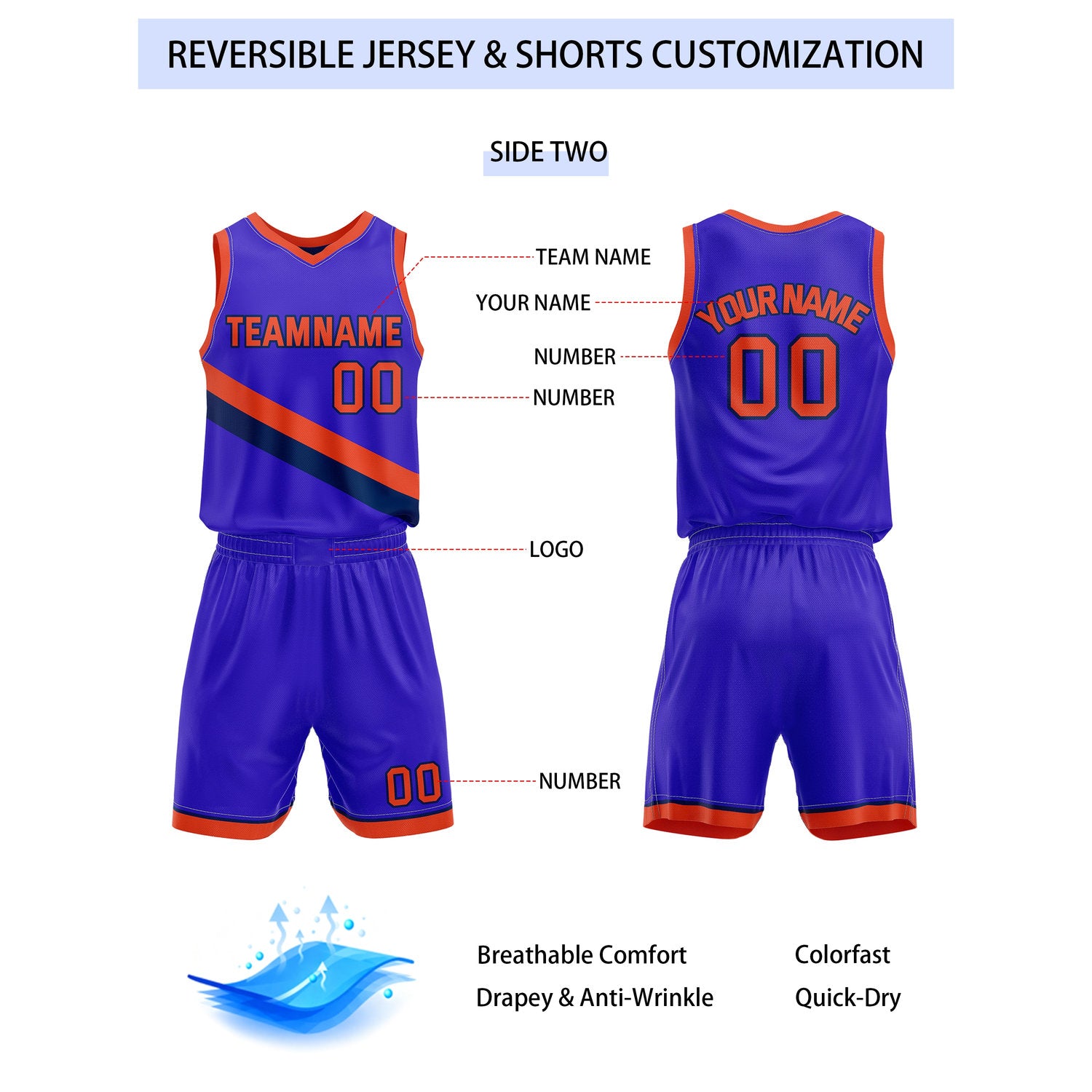 Custom Reversible Navy Purple Orange Basketball Uniform Set | Team & Player Name - Vosoli