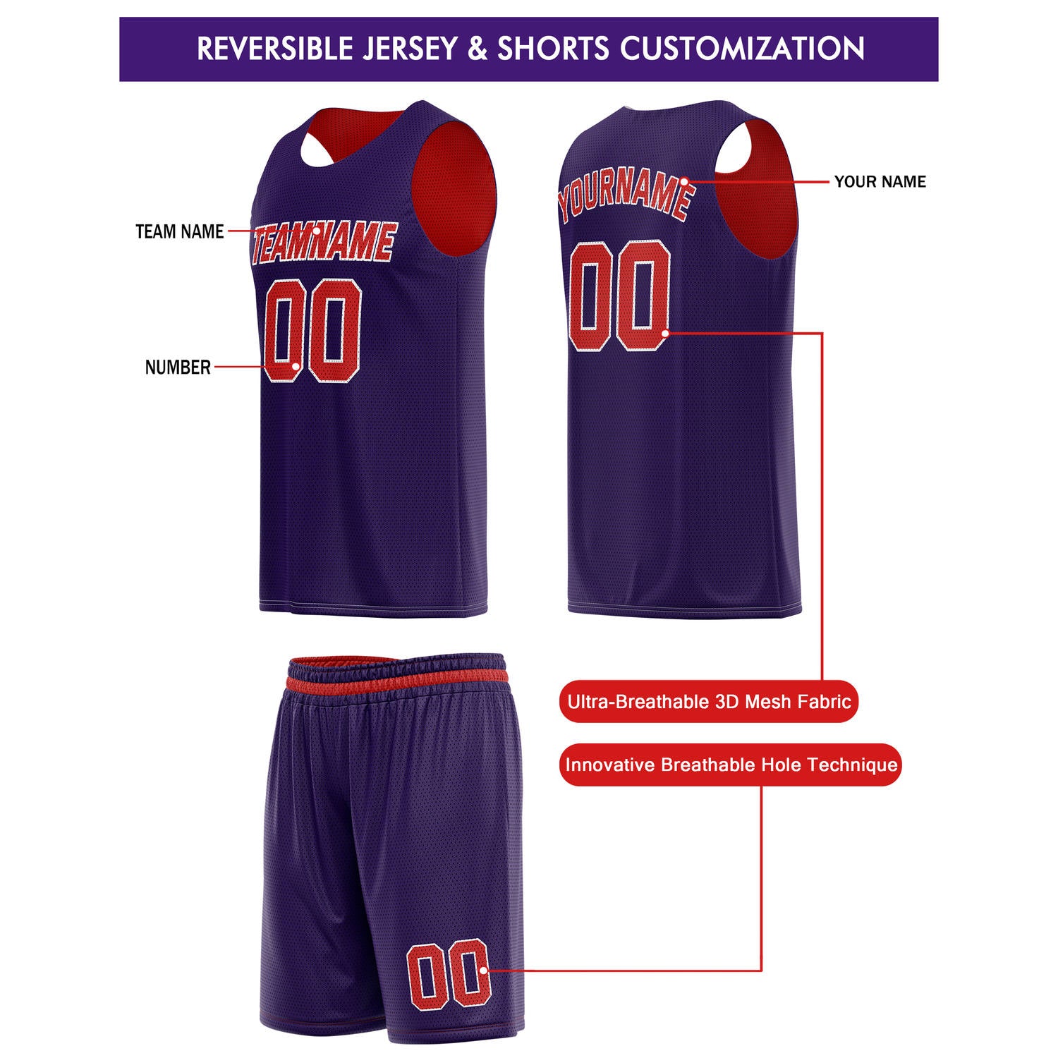 Custom Reversible Navy Red Basketball Jersey & Shorts Set | Personalized Team Kit | Vosoli