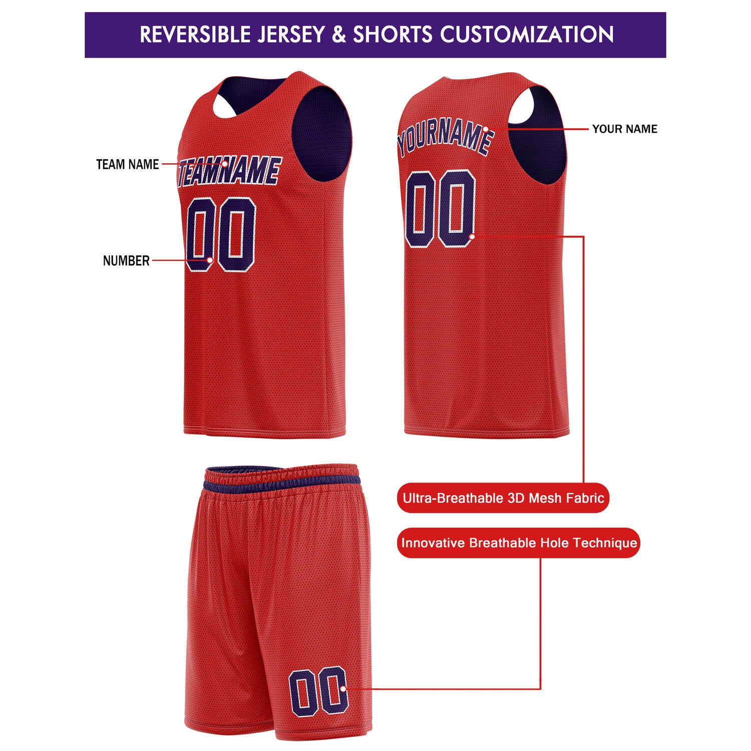 Custom Reversible Navy Red Basketball Jersey & Shorts Set | Personalized Team Kit | Vosoli