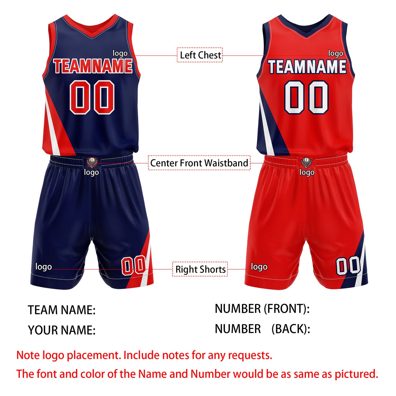 Custom Reversible Navy Red Basketball Uniform Set | Team & Player Name - Vosoli