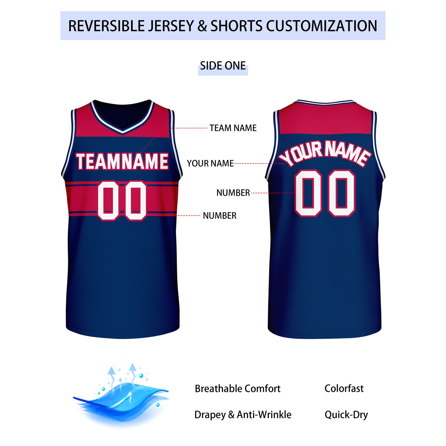 Custom Reversible Navy Red Block Basketball Jersey | Team & Player Name - Vosoli