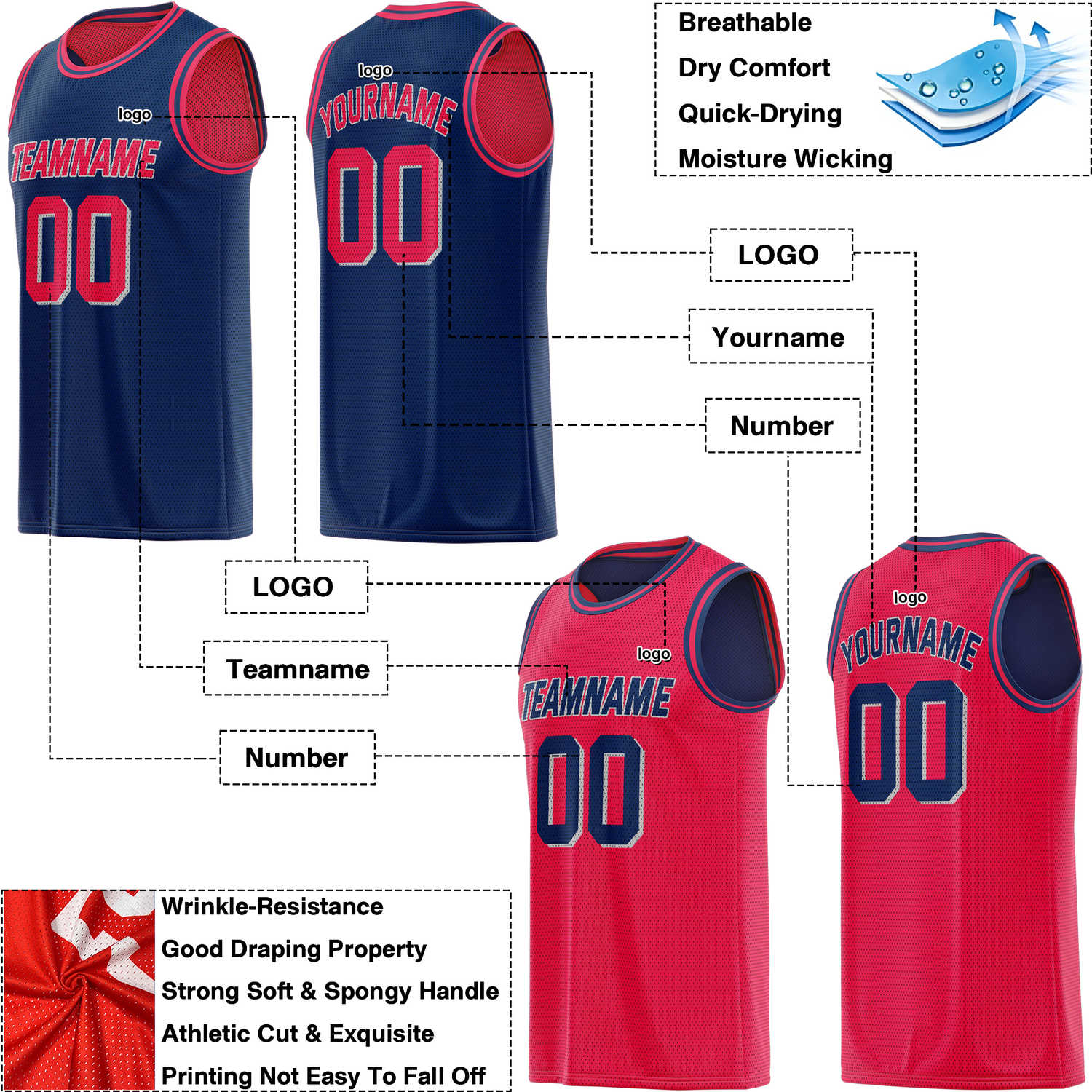 Custom Reversible Navy & Red Mesh Basketball Jersey | Personalized Team Jersey | Vosoli
