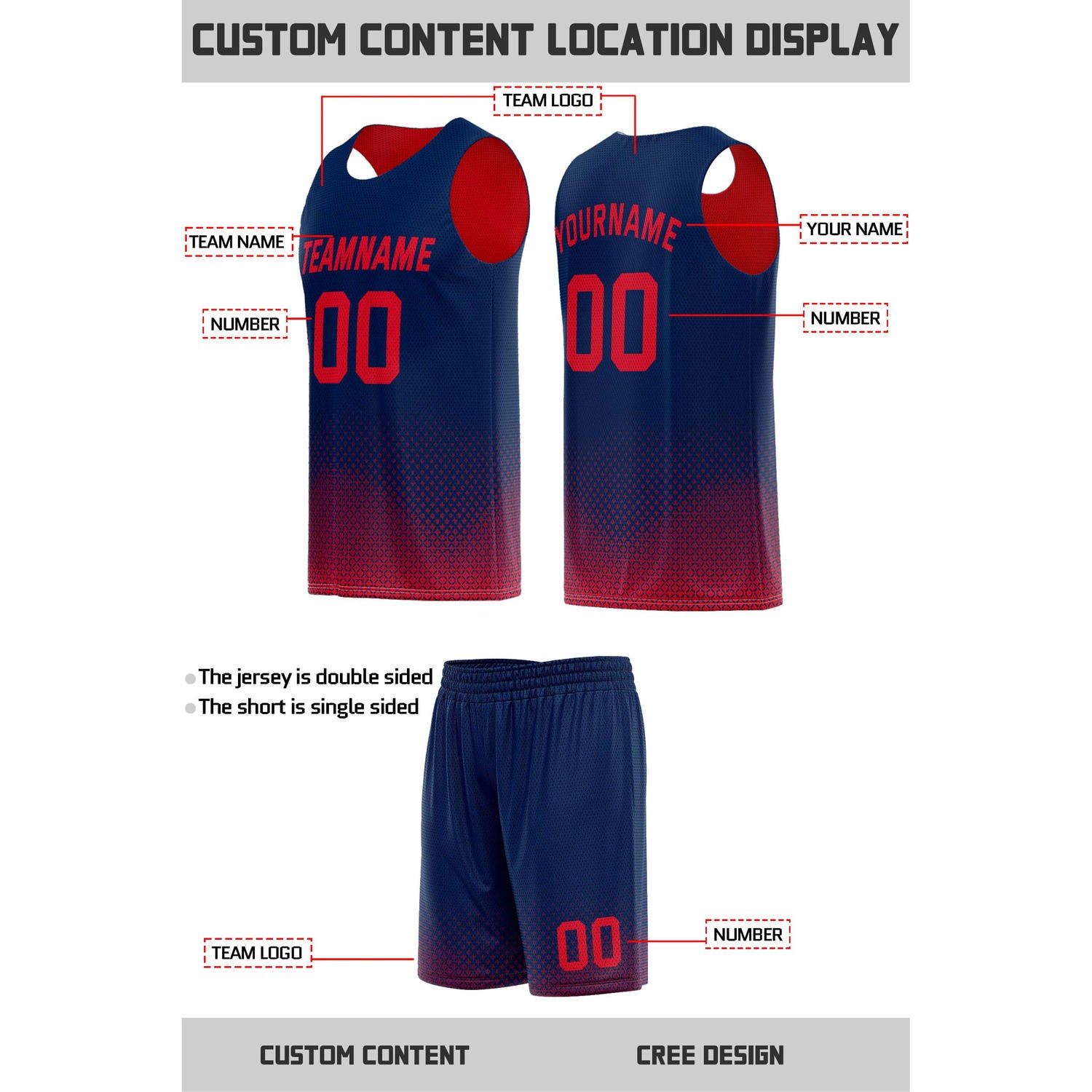 Custom Reversible Navy & Red Mesh Basketball Uniform | Personalized Team Set | Vosoli