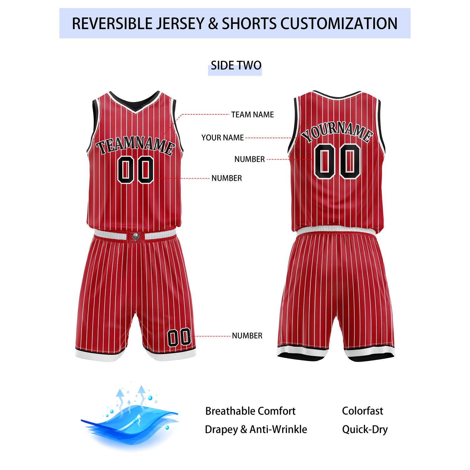 Custom Reversible Navy Red Striped Basketball Uniform Set | Team & Player Name - Vosoli