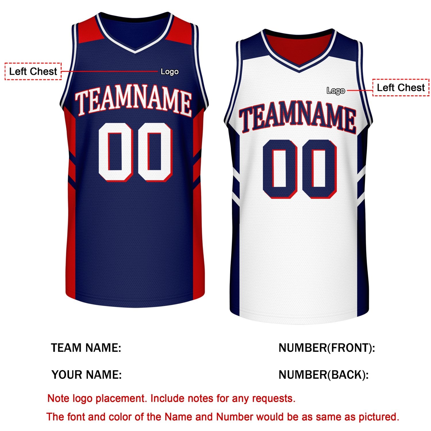 Custom Reversible Navy Red White Basketball Jersey | Personalized Team Jersey | Vosoli