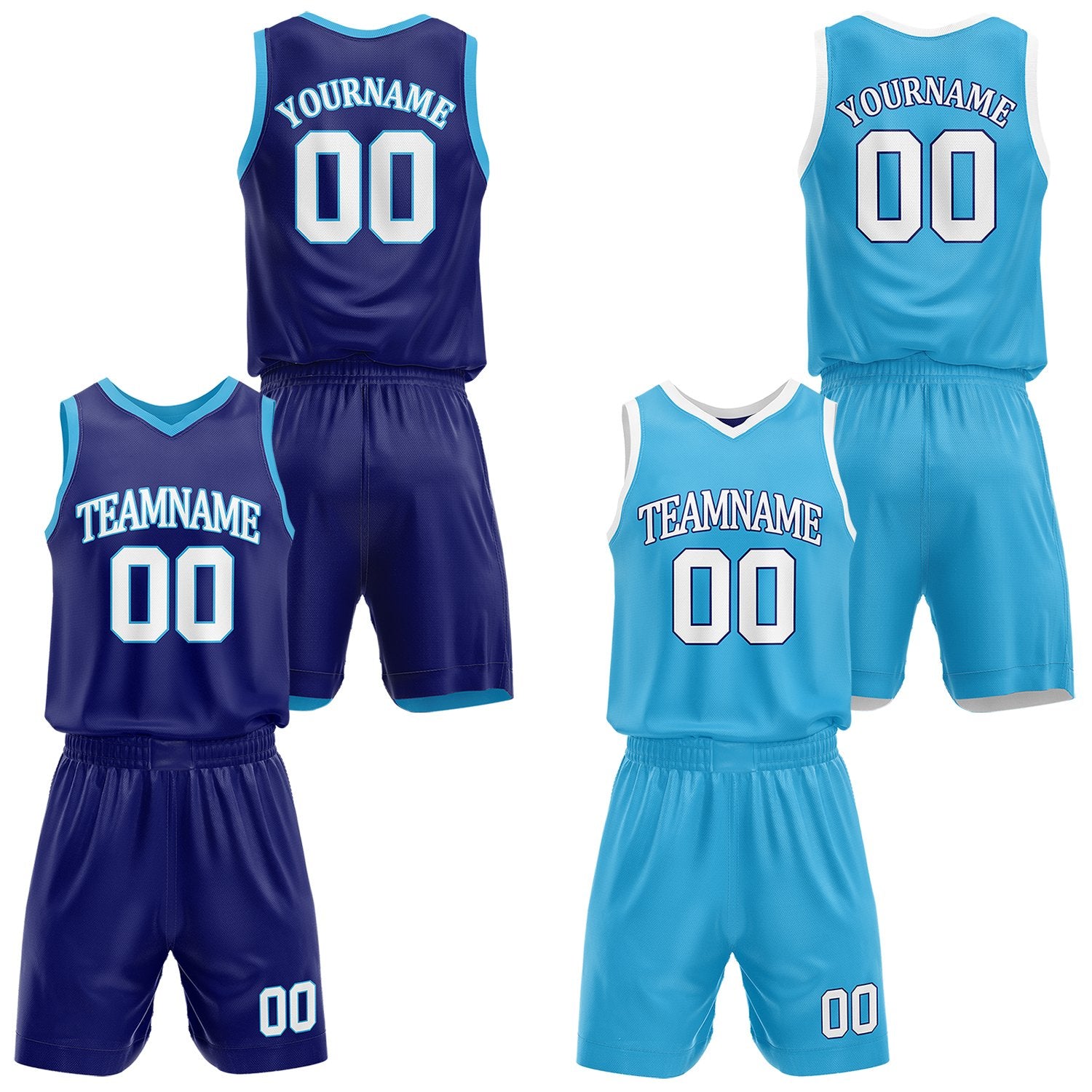 Custom reversible navy blue & light blue basketball uniform set, personalized with team name number and logo, sports jersey and shorts for men women youth game practice - Vosoli