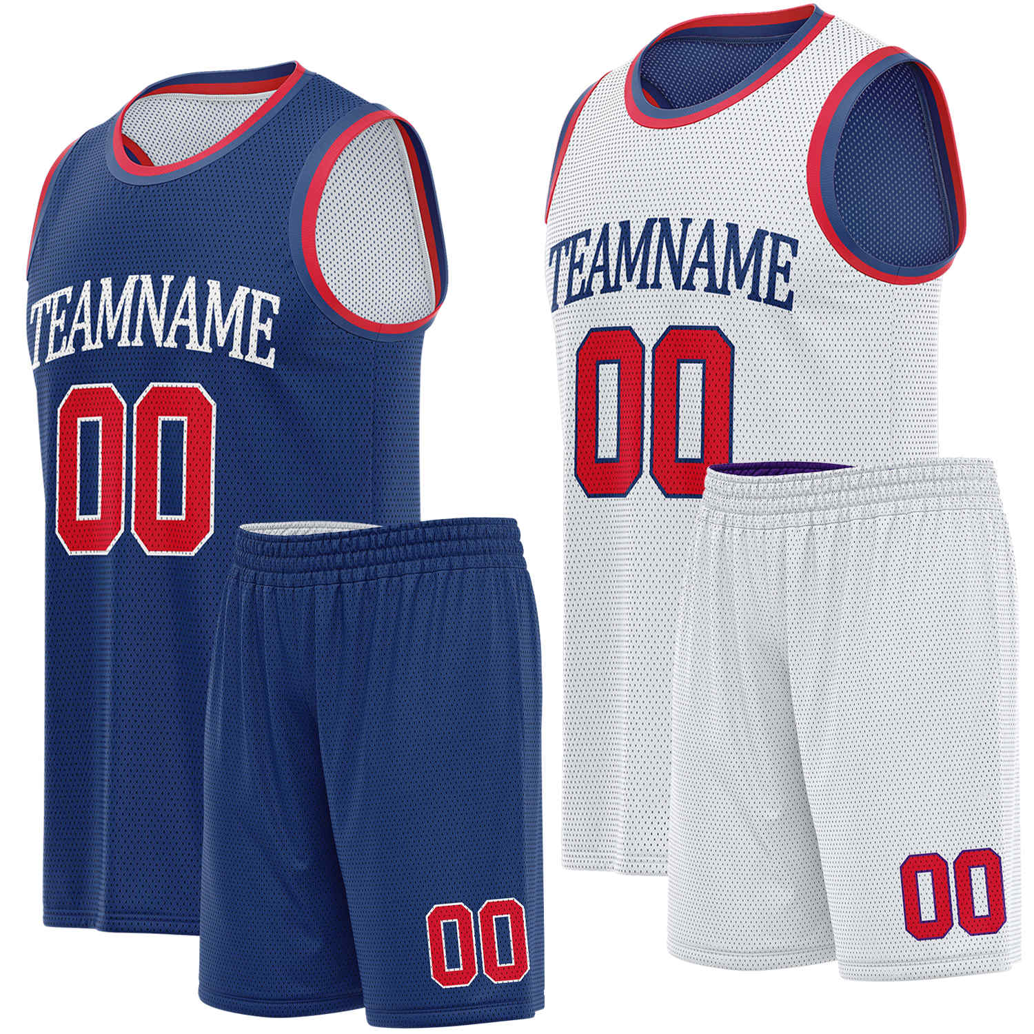 Custom reversible navy & white basketball uniform set, personalized team name number logo breathable mesh sports jersey and shorts for men women youth game practice - Vosoli