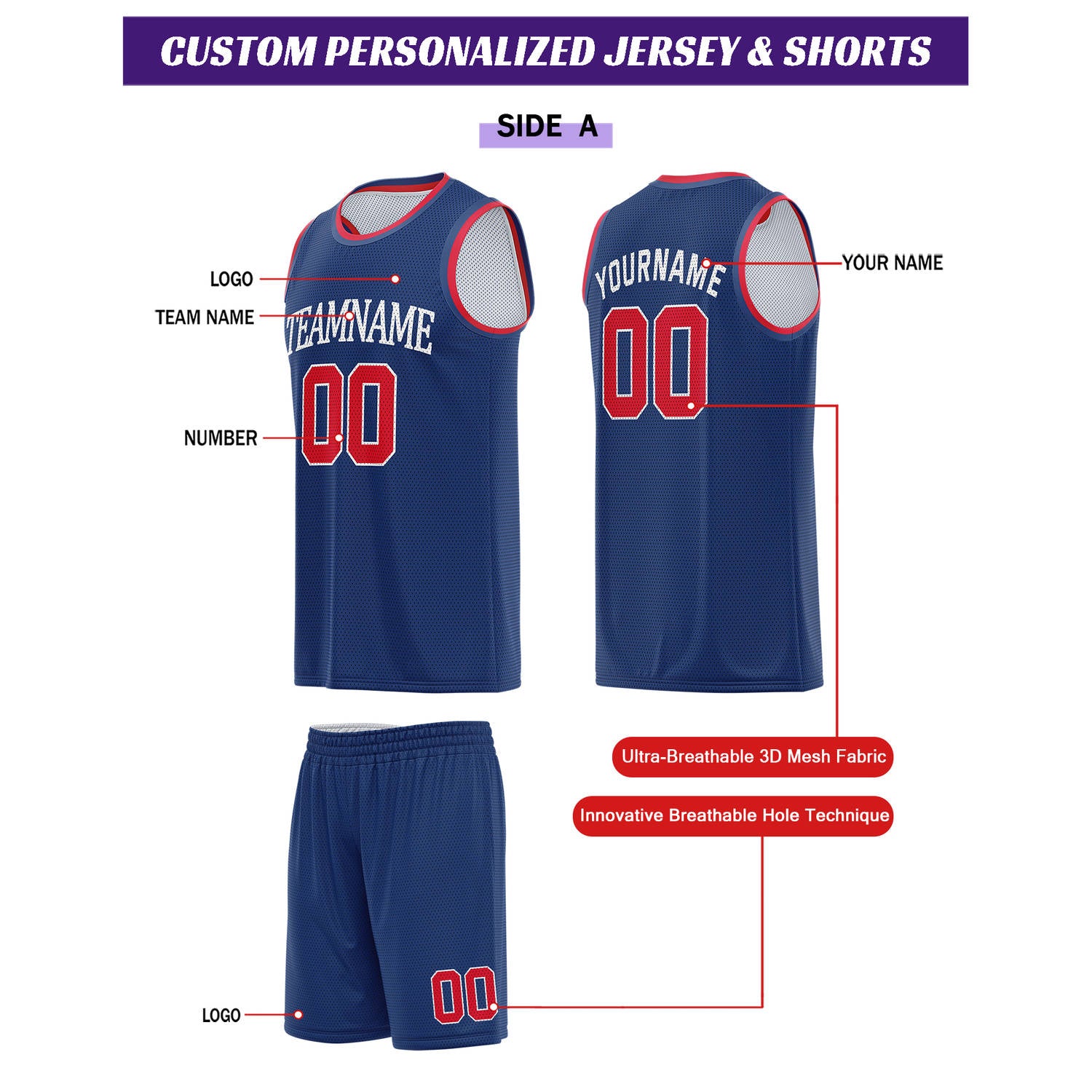 Custom Reversible Navy & White Basketball Uniform Set | Personalized for Team Sports Practice - Vosoli