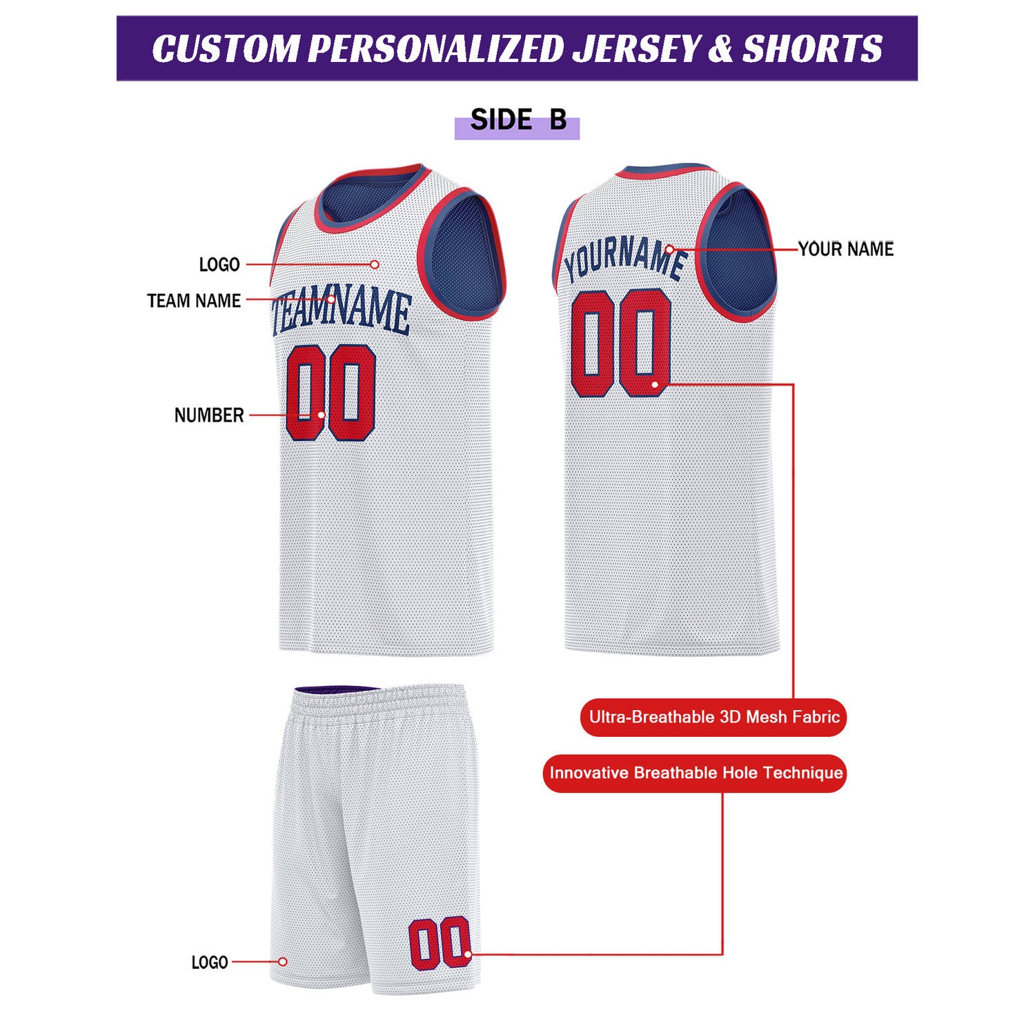 Custom Reversible Navy & White Basketball Uniform Set | Personalized for Team Sports Practice - Vosoli