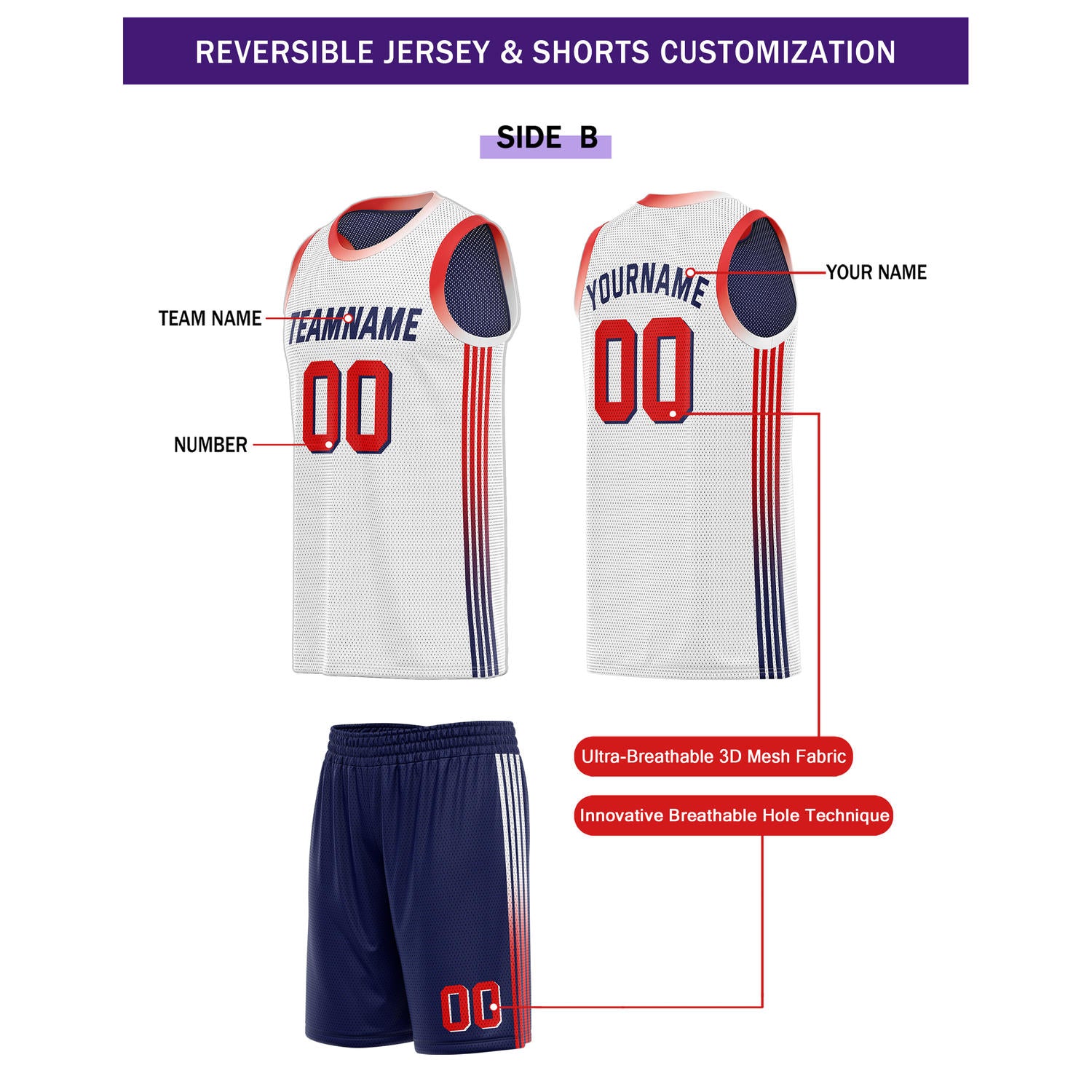 Custom Reversible Navy White Basketball Uniform Set | Team & Player Name - Vosoli