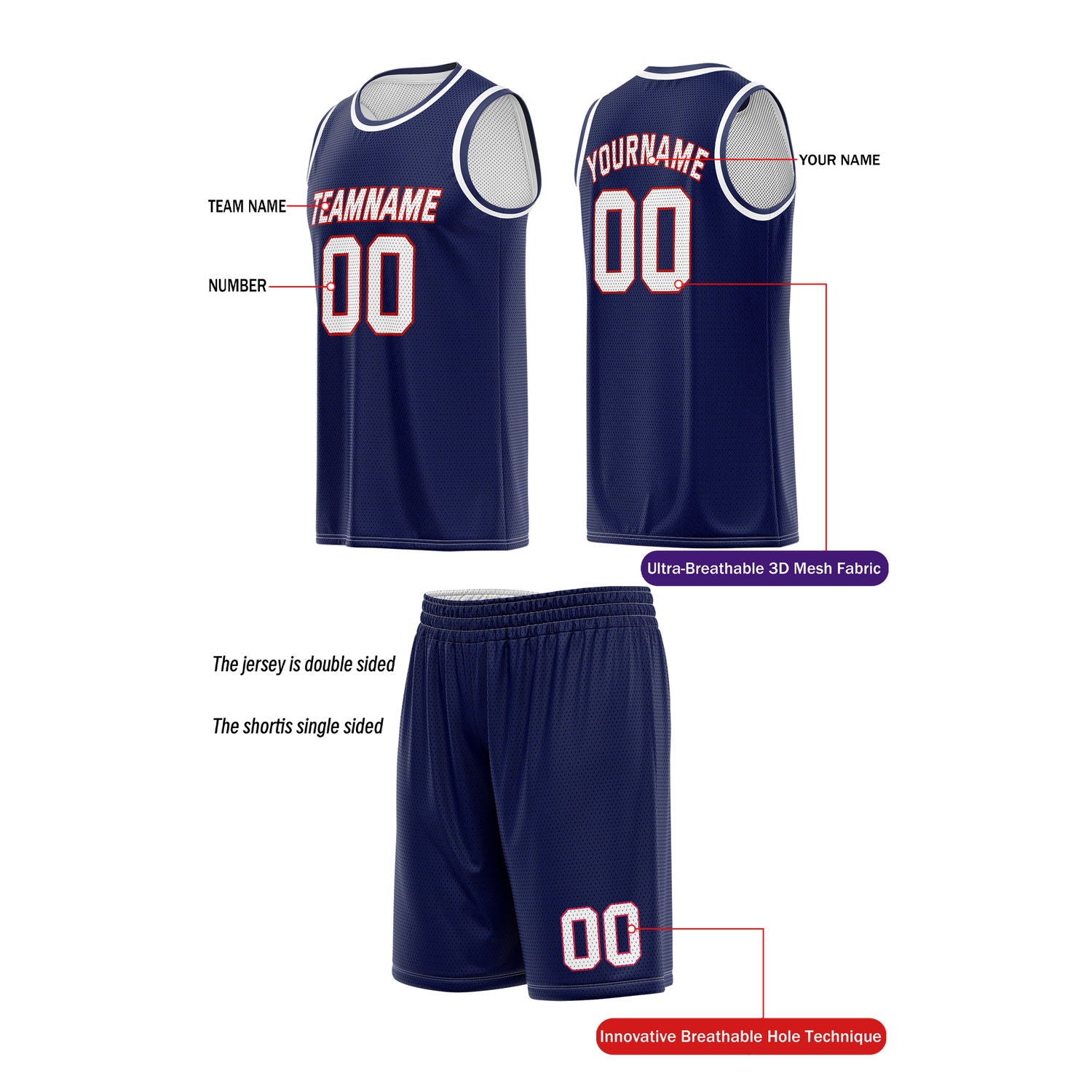 Custom Reversible Navy & White Basketball Uniform (Jersey + Shorts) | Personalized Team Set | Vosoli