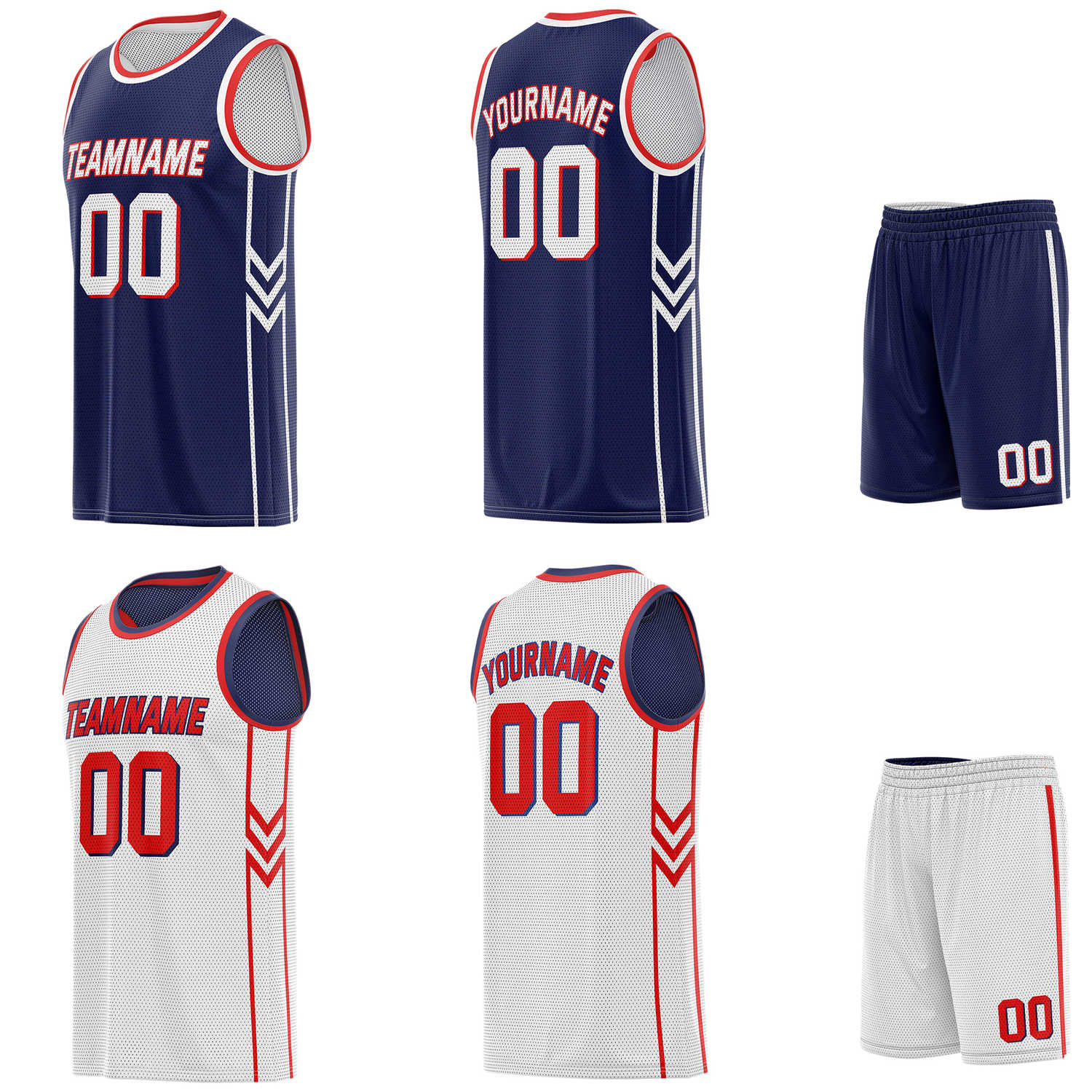 Custom reversible navy & white basketball uniform set, personalized with team name number and logo, breathable mesh fabric for men women youth game practice - Vosoli