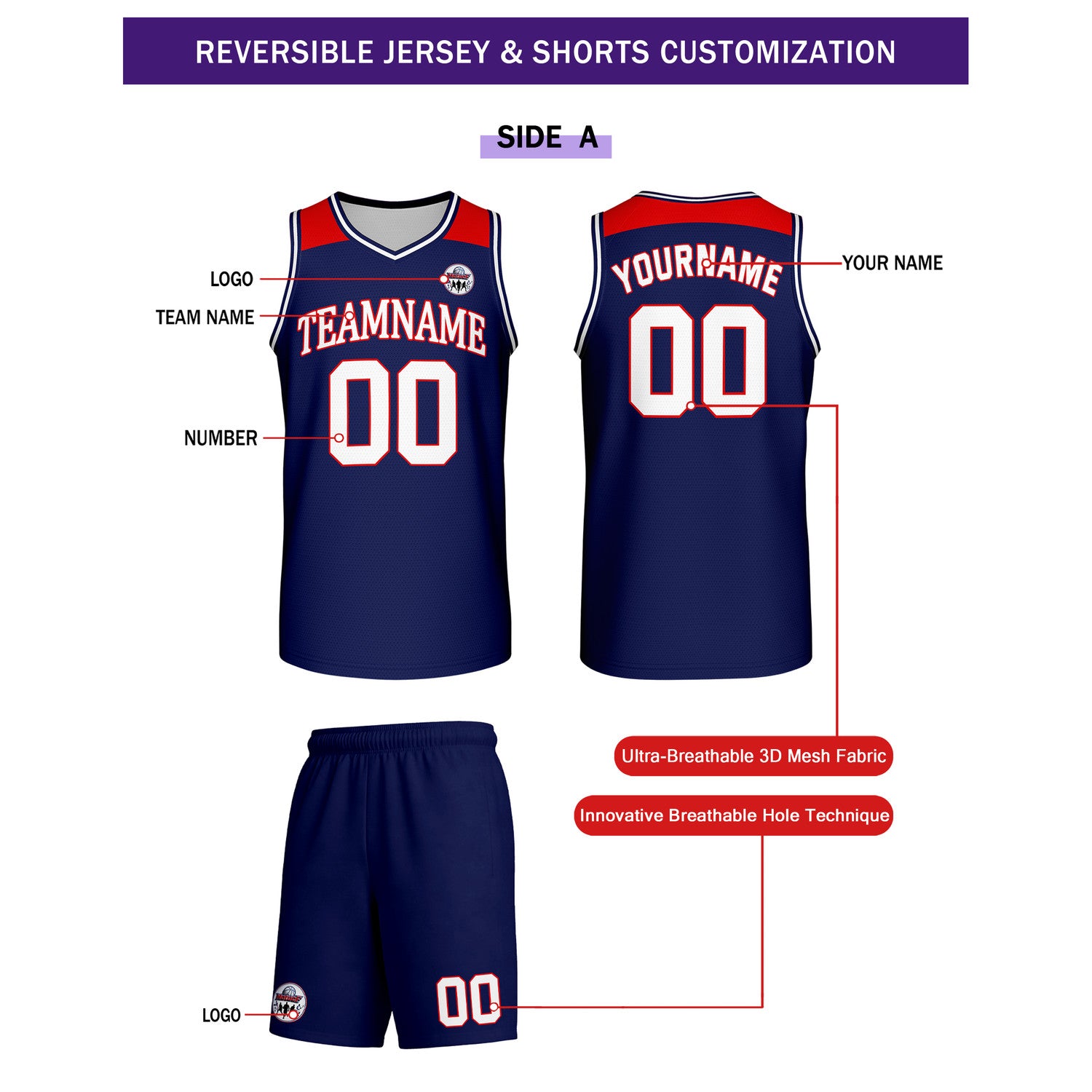 Custom Reversible Navy White Red Basketball Uniform Set | Team Name & Number - Vosoli