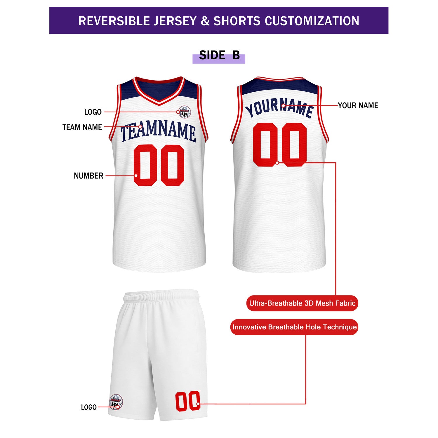 Custom Reversible Navy White Red Basketball Uniform Set | Team Name & Number - Vosoli