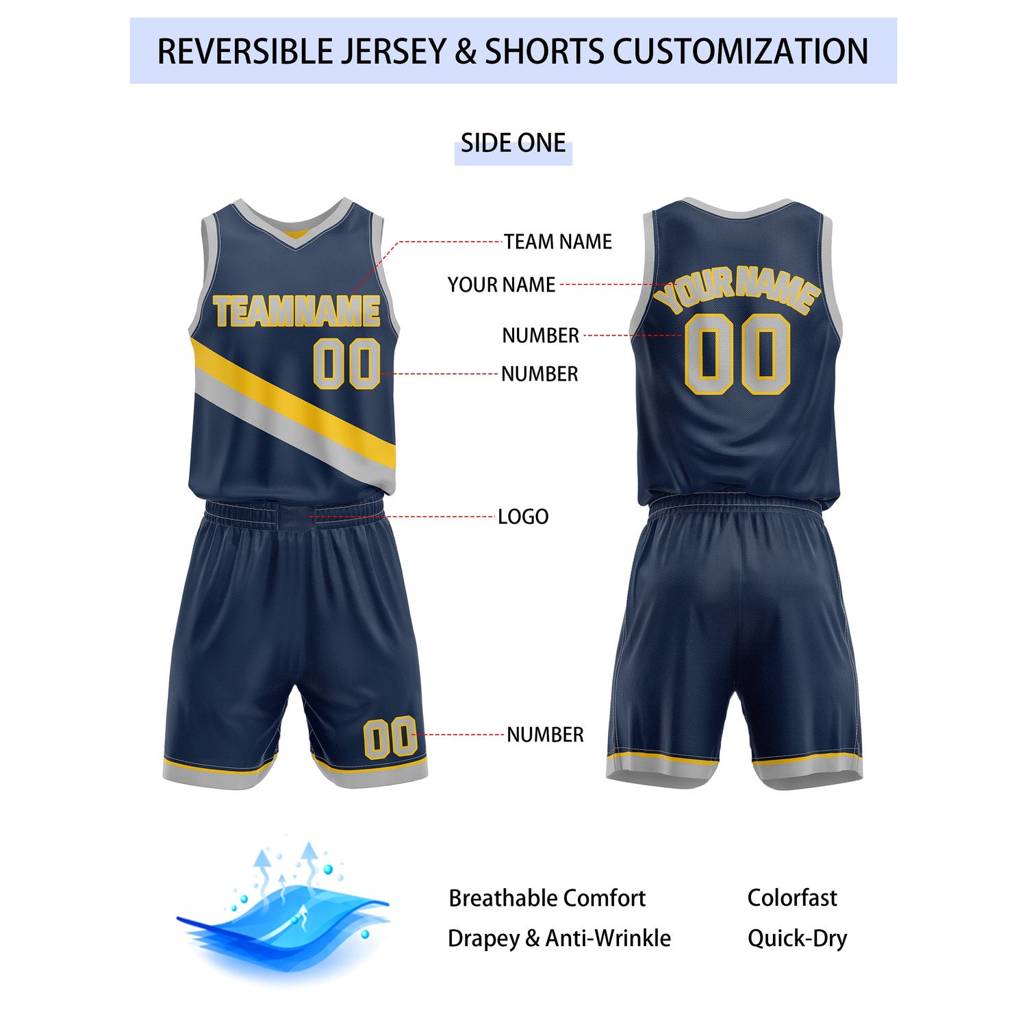 Custom Reversible Navy Yellow Grey Basketball Uniform Set | Team & Player Name - Vosoli