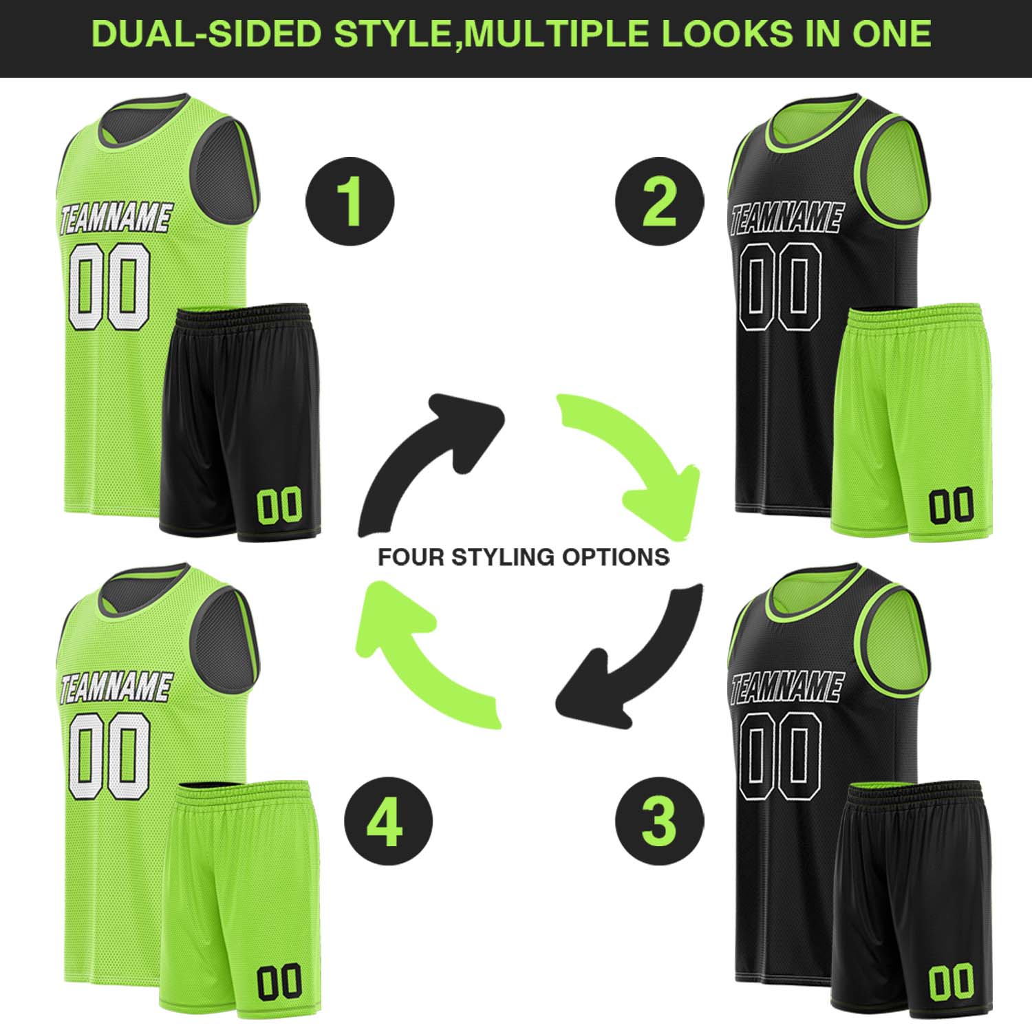 Custom Reversible Neon Green & Black Basketball Uniform (Jersey + Shorts) | Personalized Team Set | Vosoli
