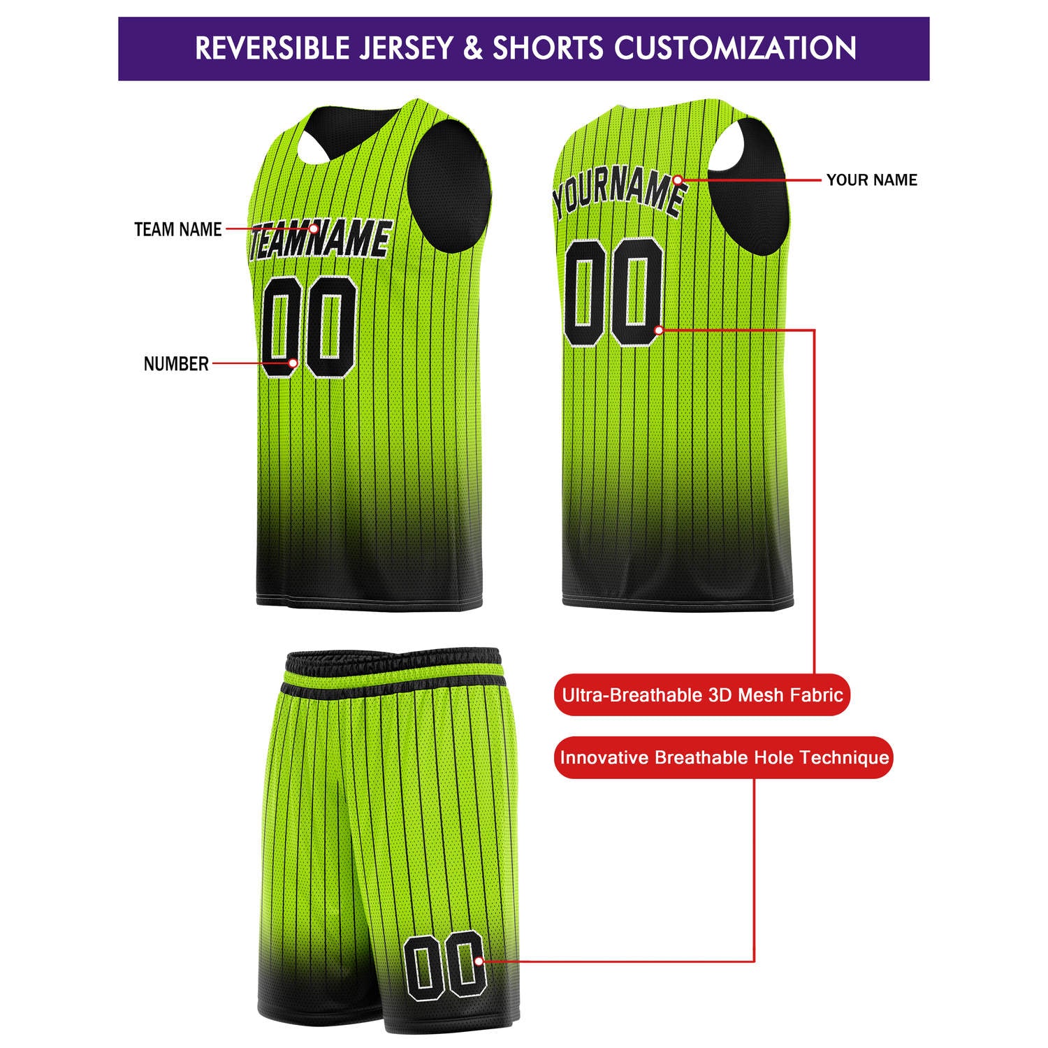 Custom Reversible Basketball Jersey + Shorts Set (Neon Green & Black Stripe) - Personalized Team Name, Number & LOGO | Vosoli