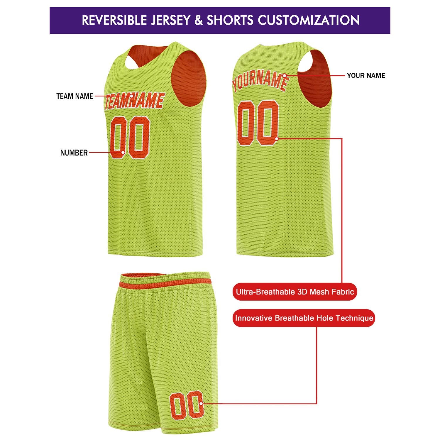 Custom Reversible Neon Lime Orange Basketball Jersey & Shorts Set | Personalized Team Kit | Vosoli