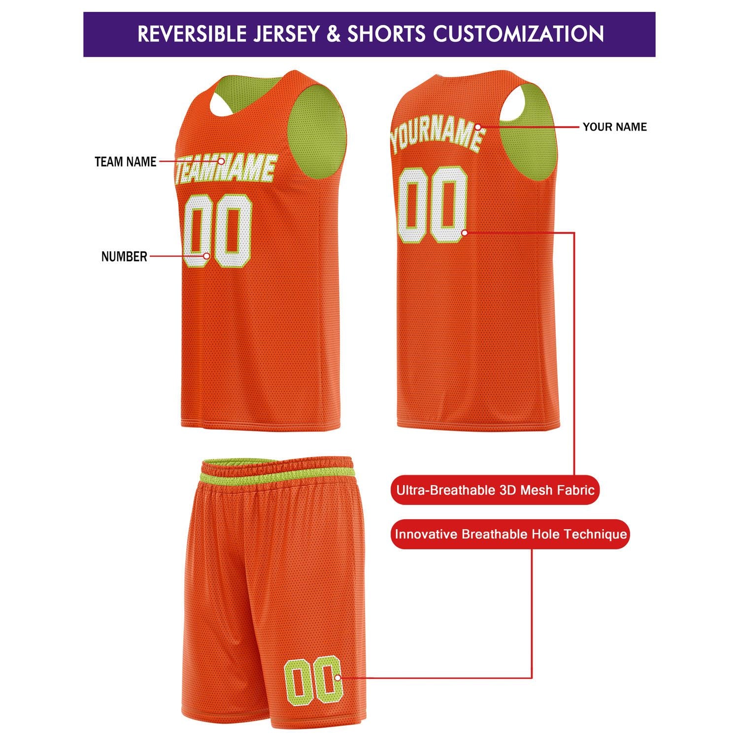 Custom Reversible Neon Lime Orange Basketball Jersey & Shorts Set | Personalized Team Kit | Vosoli