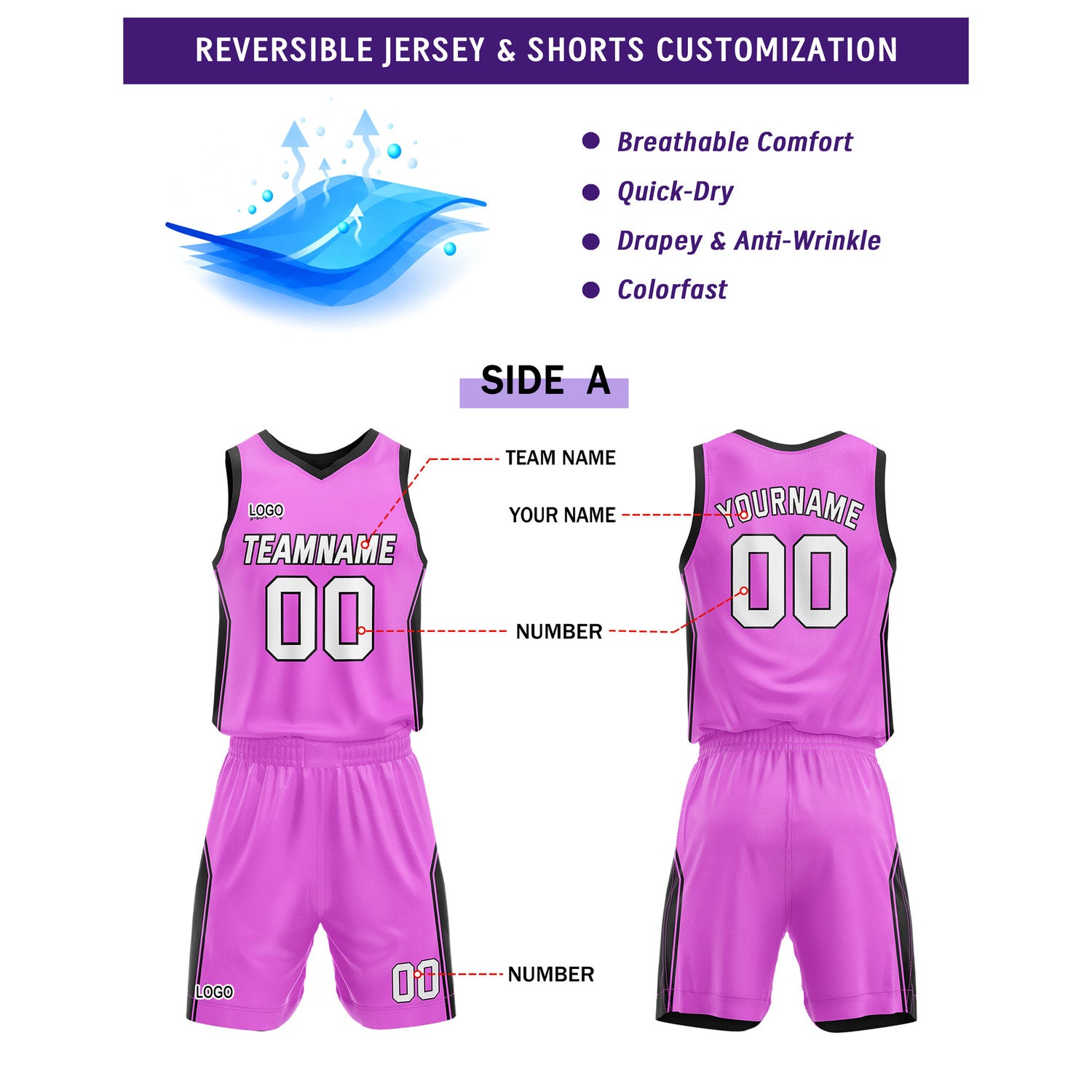 Custom Reversible Neon Pink Black Basketball Uniform Set | Personalized Name & Number - Vosoli