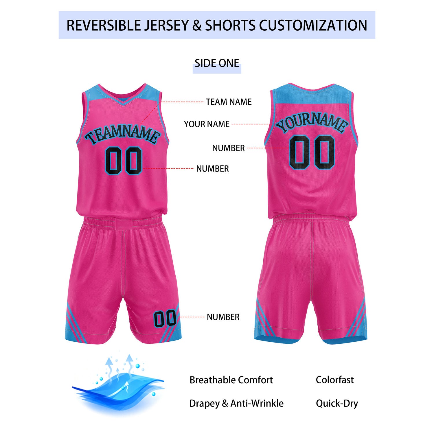 Custom Reversible Neon Pink Turquoise Basketball Uniform Set | Team Name & Number - Vosoli