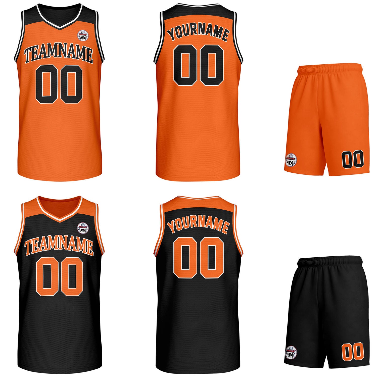 Custom reversible orange & black basketball uniform set, personalized with team name number and logo, breathable mesh fabric for men women youth game practice - Vosoli
