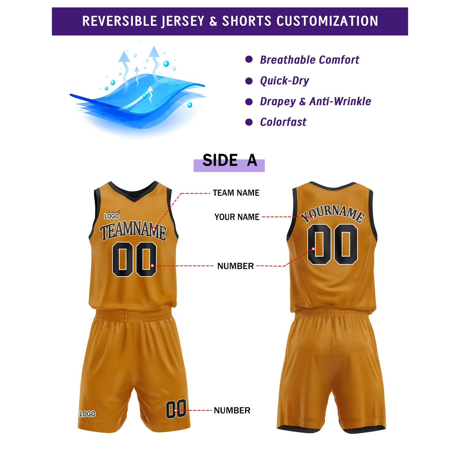 Custom Reversible Orange Black Basketball Uniform Set | Team Name & Number - Vosoli