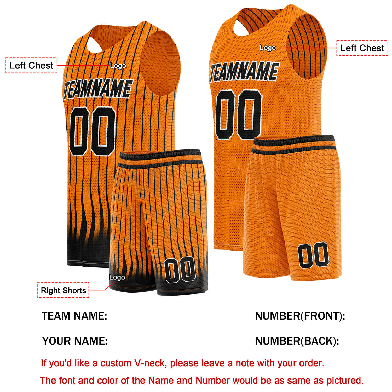 Custom Reversible Basketball Jersey + Shorts Set (Orange & Black Stripe) - Personalized Team Name, Number & LOGO | Vosoli