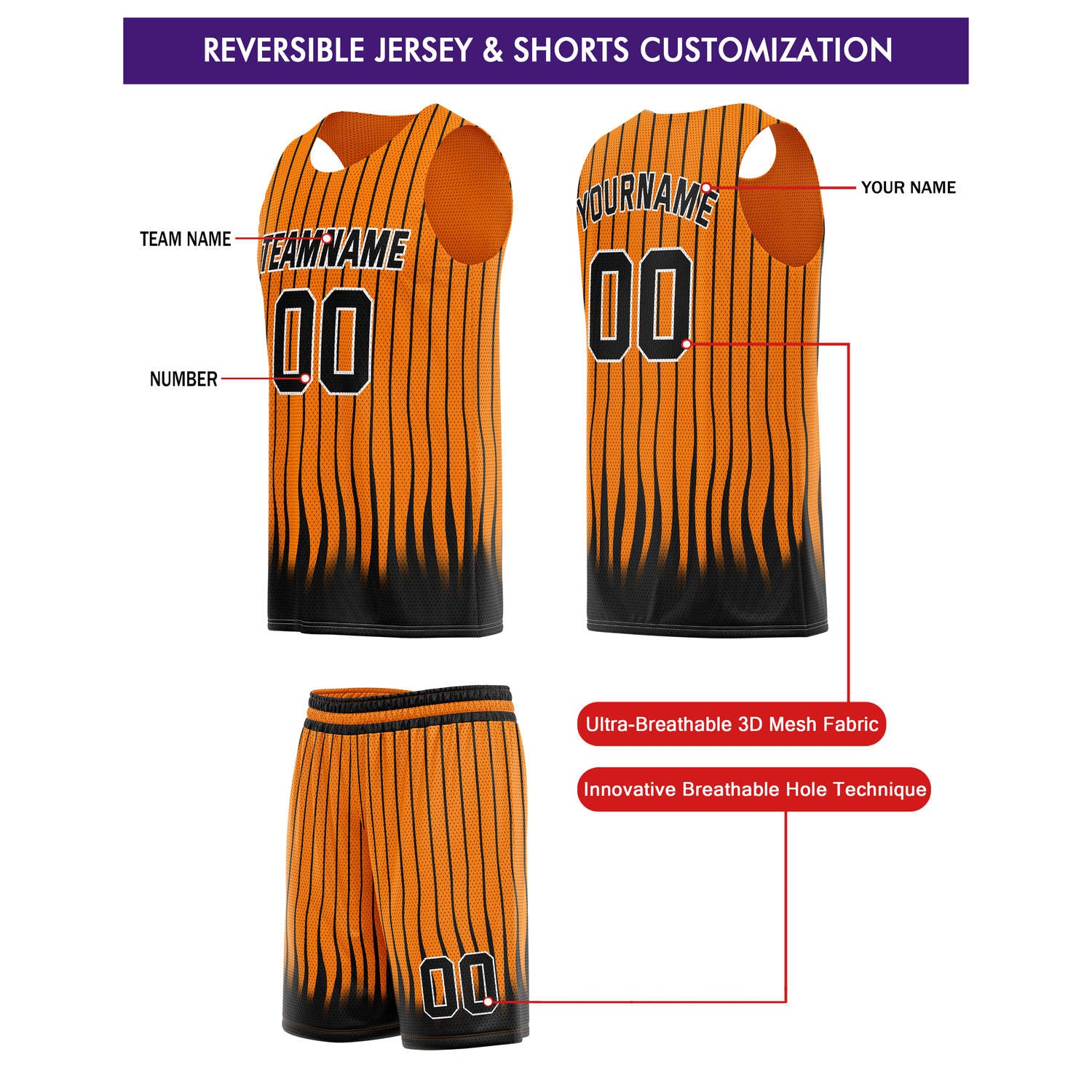 Custom Reversible Basketball Jersey + Shorts Set (Orange & Black Stripe) - Personalized Team Name, Number & LOGO | Vosoli