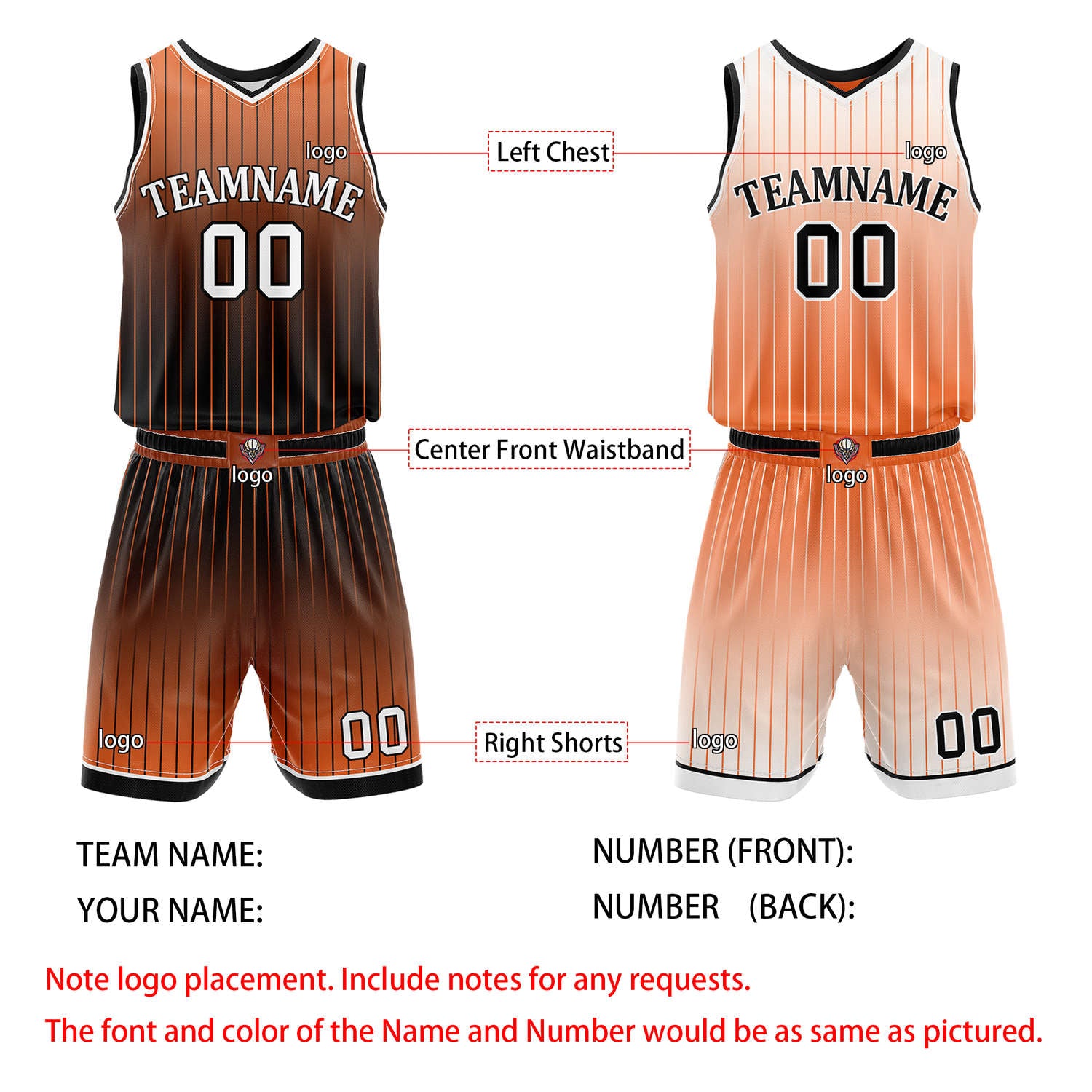 Custom Reversible Orange Black White Striped Basketball Uniform Set | Team & Player Name - Vosoli