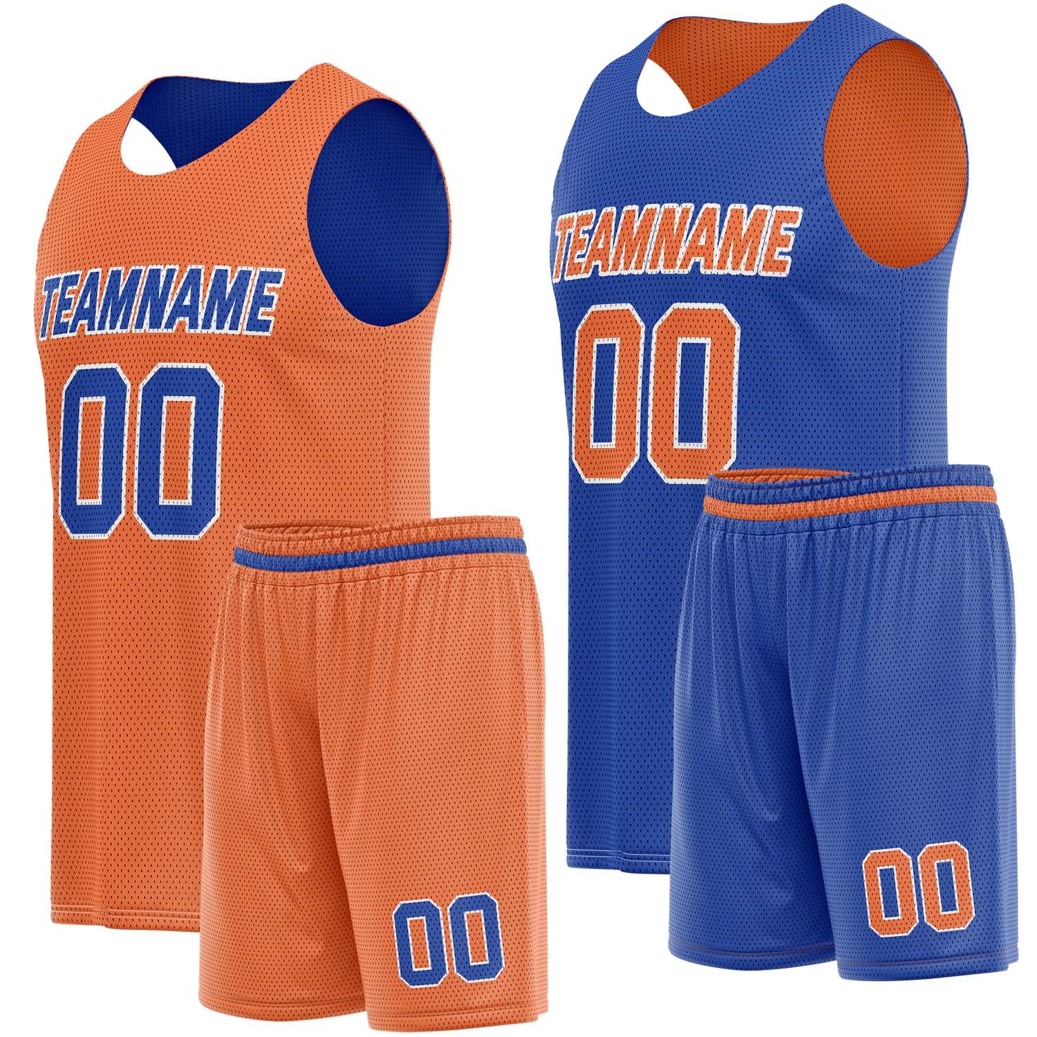 Custom Reversible Orange Blue Basketball Jersey Shorts Set, Personalized Team Name Number Breathable Mesh Uniform for Men Women Youth