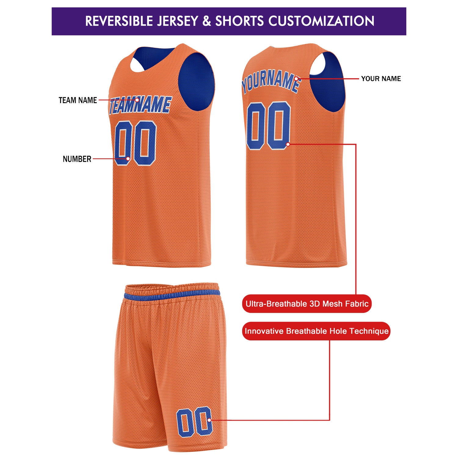 Custom Reversible Orange Blue Basketball Jersey & Shorts Set | Personalized Team Kit | Vosoli