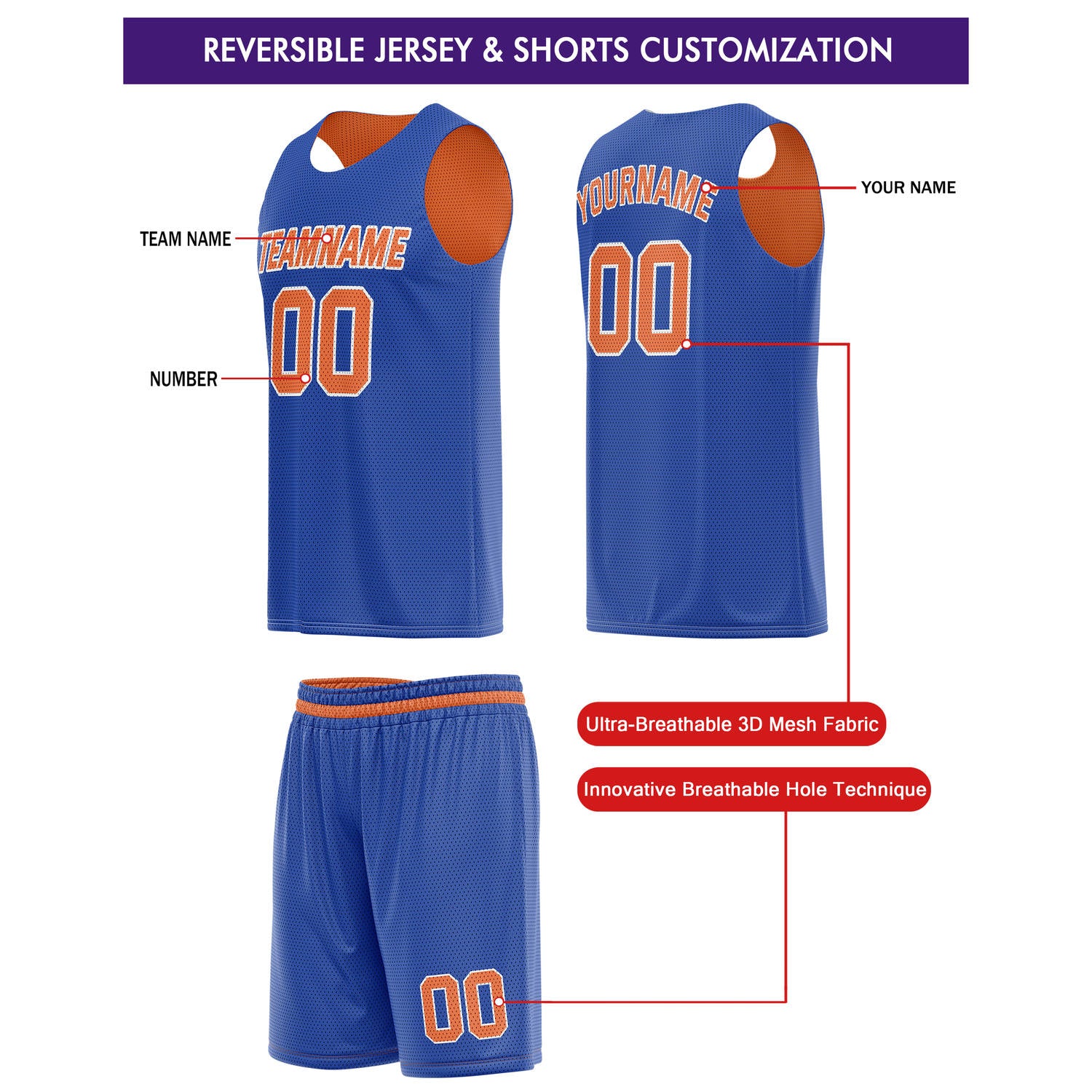 Custom Reversible Orange Blue Basketball Jersey & Shorts Set | Personalized Team Kit | Vosoli