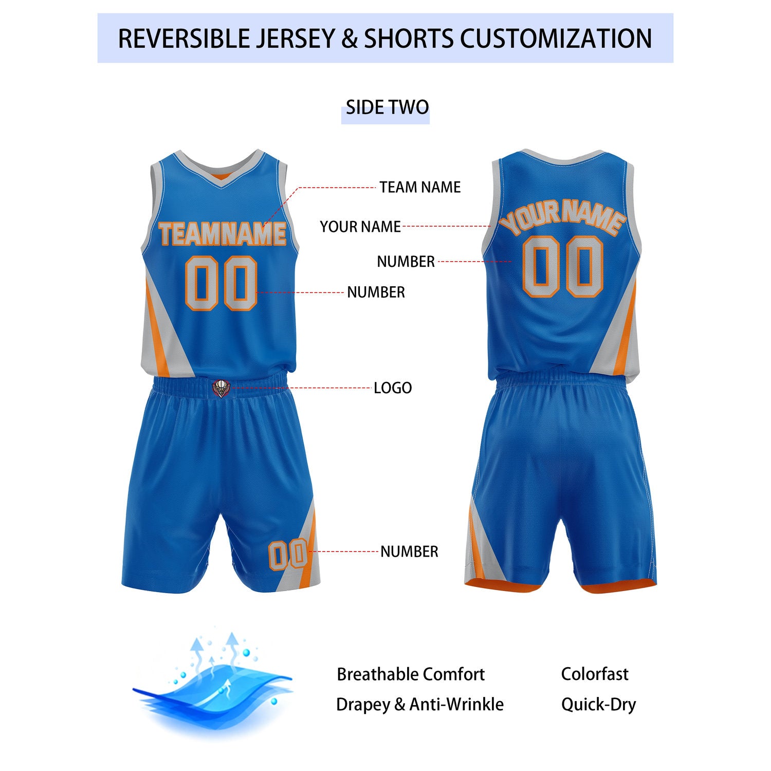 Custom Reversible Orange Blue Basketball Uniform Set | Team & Player Name - Vosoli