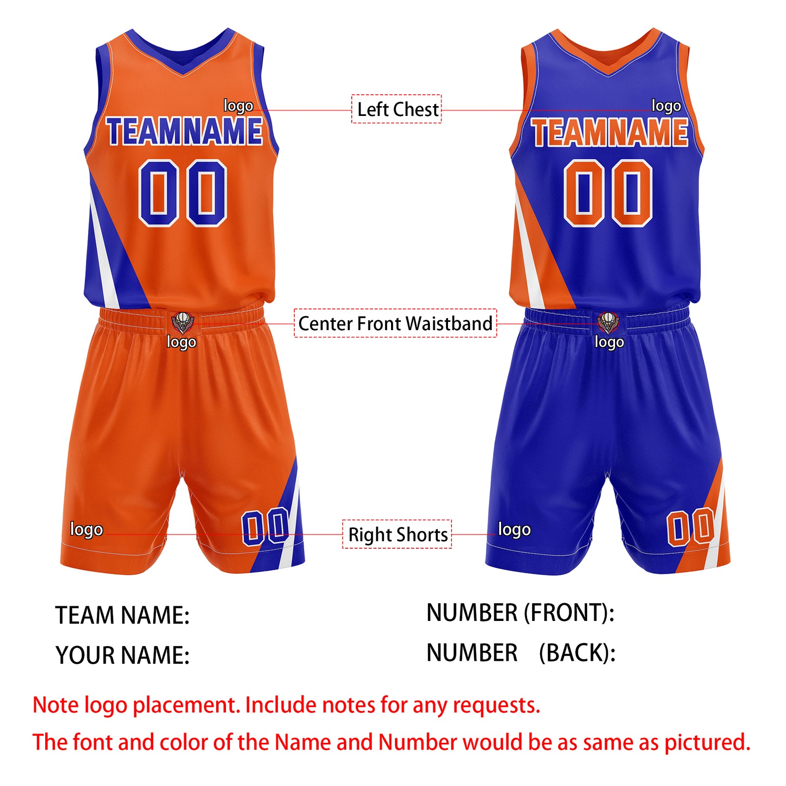 Custom Reversible Orange Blue Basketball Uniform Set | Team & Player Name - Vosoli