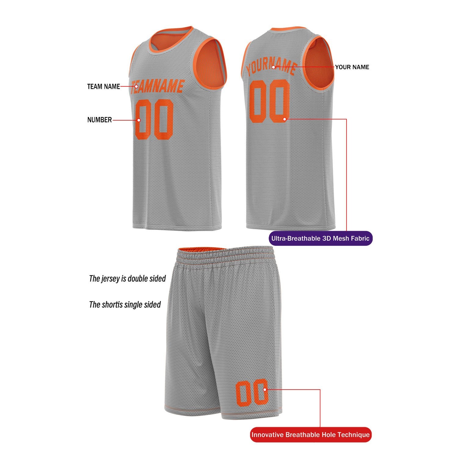 Custom Reversible Orange & Gray Basketball Uniform (Jersey + Shorts) | Personalized Team Set | Vosoli