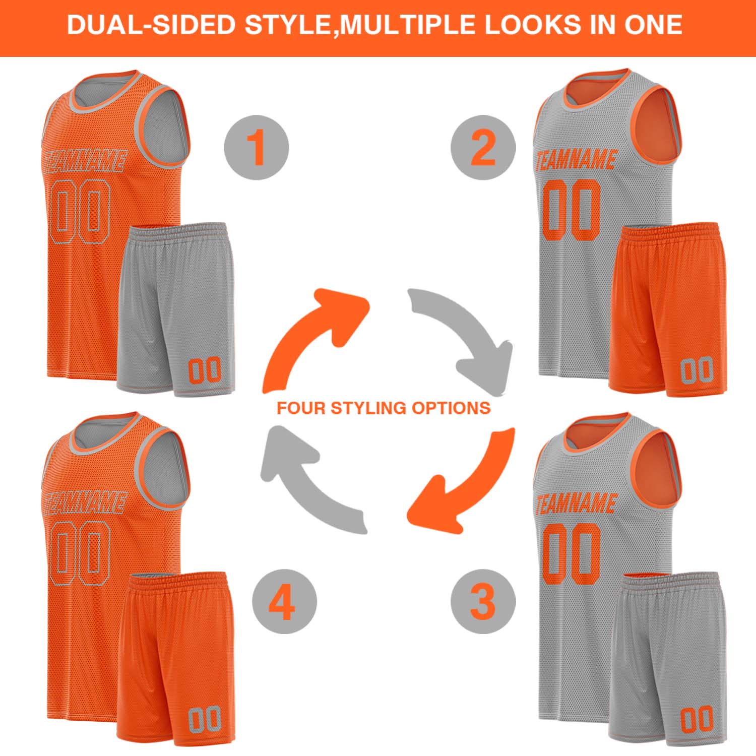 Custom Reversible Orange & Gray Basketball Uniform (Jersey + Shorts) | Personalized Team Set | Vosoli